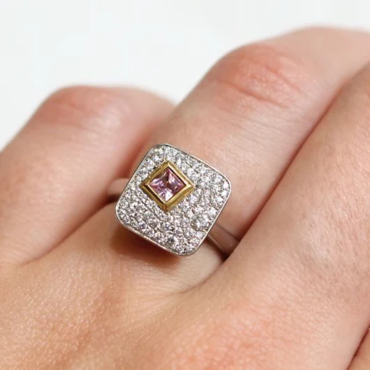 Platinum and 18k Yellow Pink Sapphire Diamond Engagement Ring - Image 5
