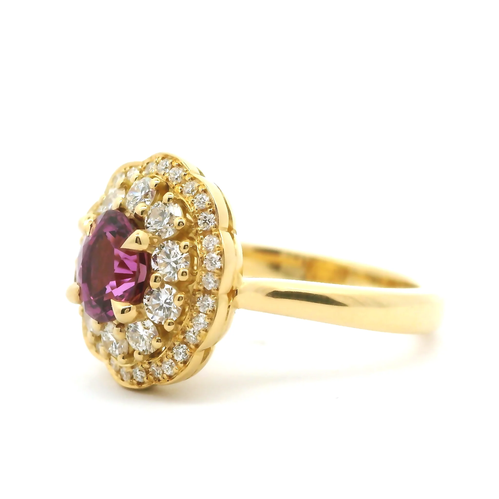 18k Yellow Ring with Natural 1.06ct Pink Sapphire and Double Diamond Halos - Image 2