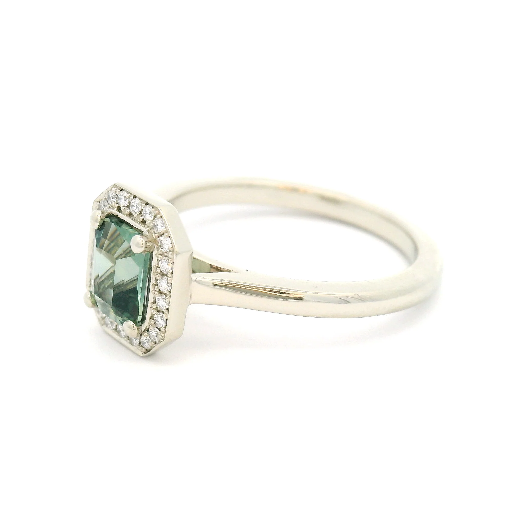 14k White Engagement Ring with 0.87ct Teal Sapphire and Accent Diamond Halo - Image 3