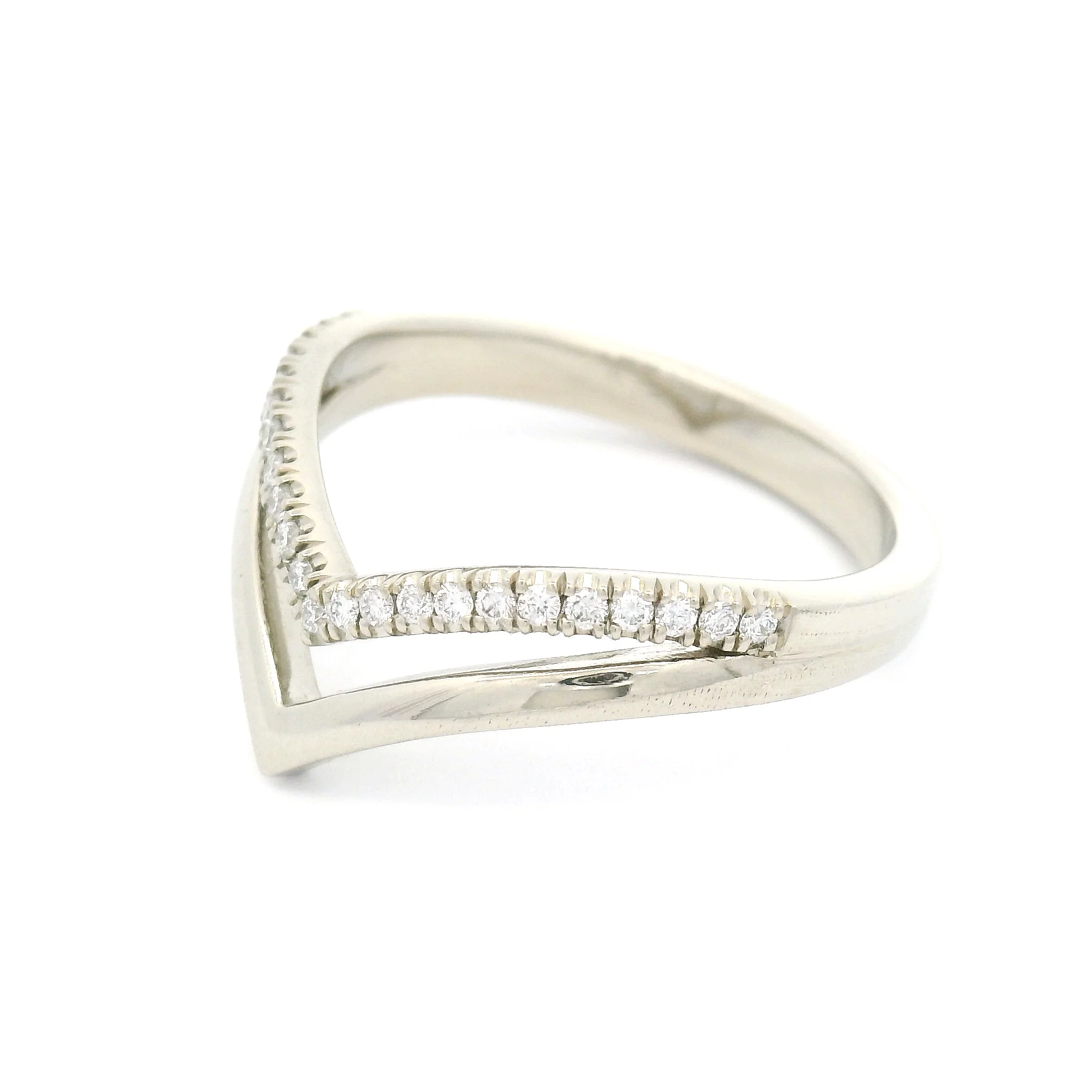 14k White Gold Double Chevron Wedding Band Featuring Natural Diamonds - Image 3