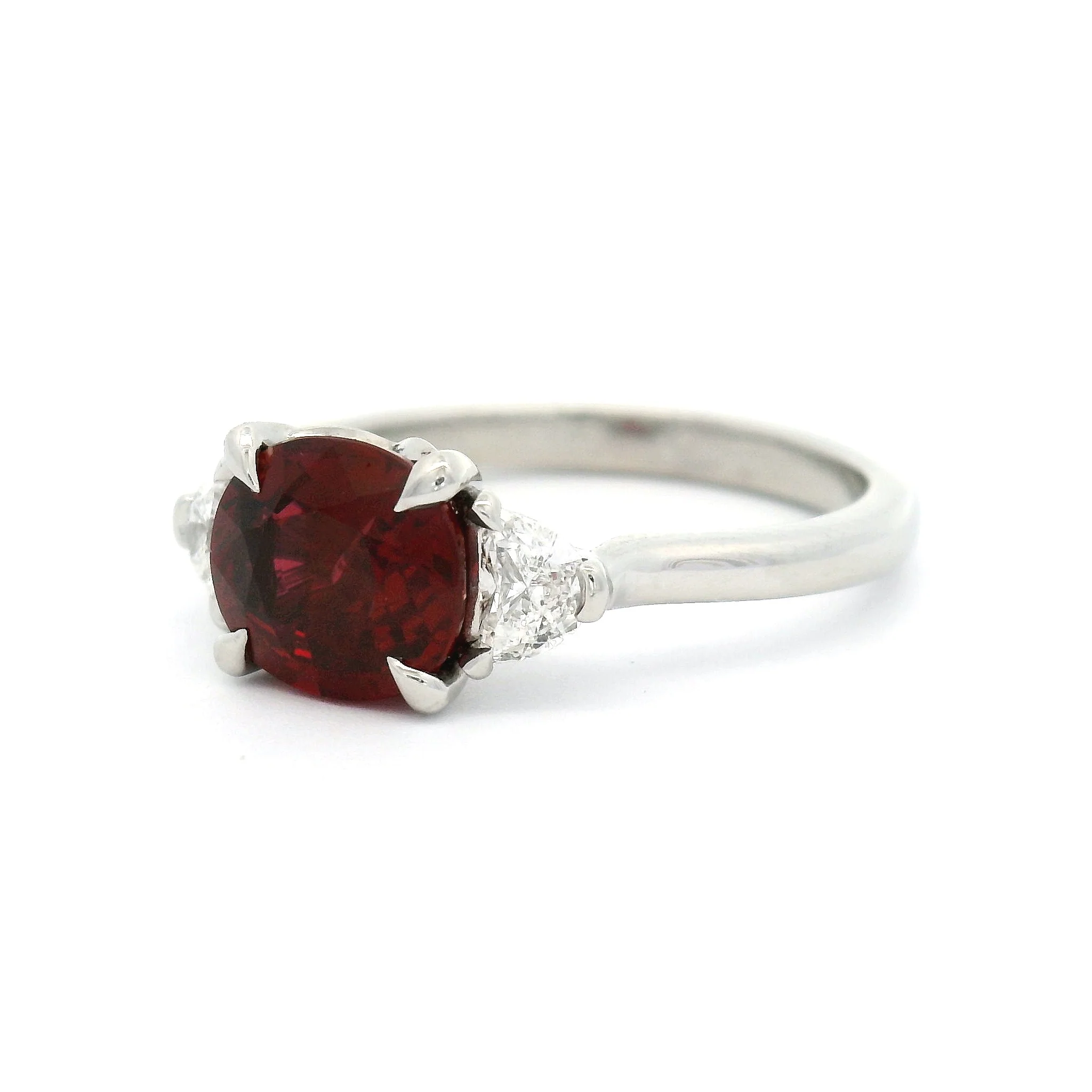 Platinum Three-Stone Ring with Natural 1.6ct Cushion-Cut Ruby & 1/2 Moon Diamonds - Image 2