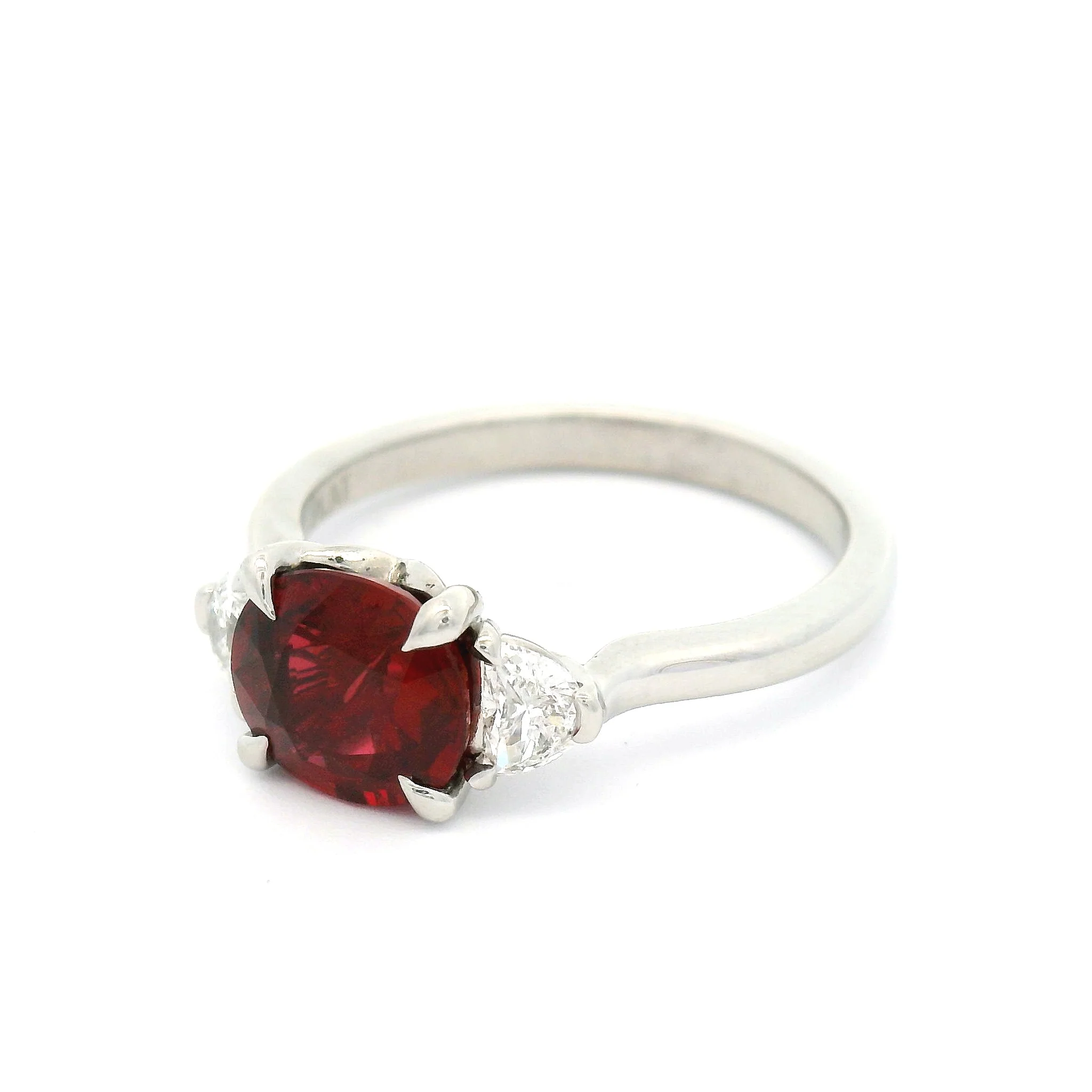 Platinum Three-Stone Ring with Natural 1.6ct Cushion-Cut Ruby & 1/2 Moon Diamonds - Image 3