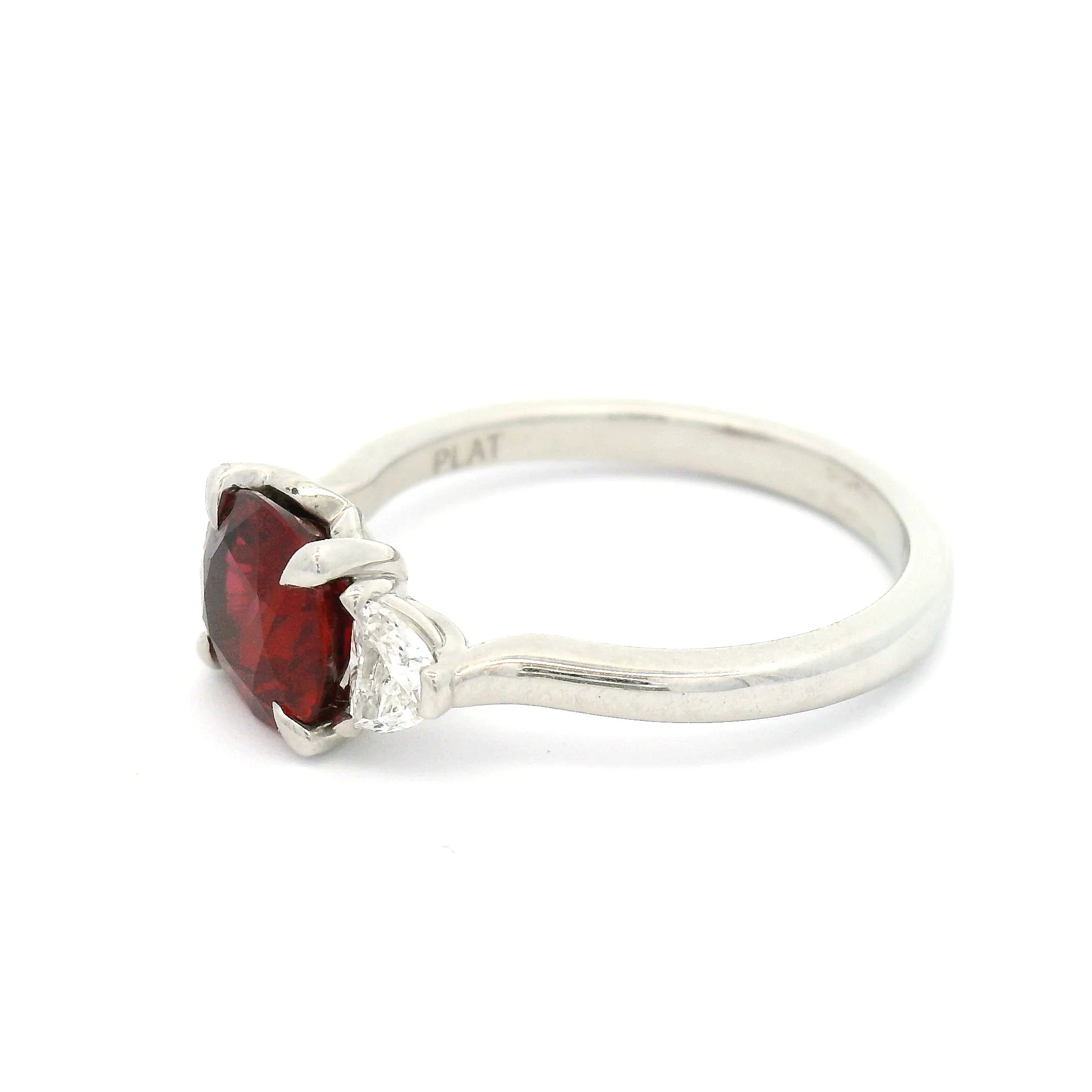Platinum Three-Stone Ring with Natural 1.6ct Cushion-Cut Ruby & 1/2 Moon Diamonds - Image 4