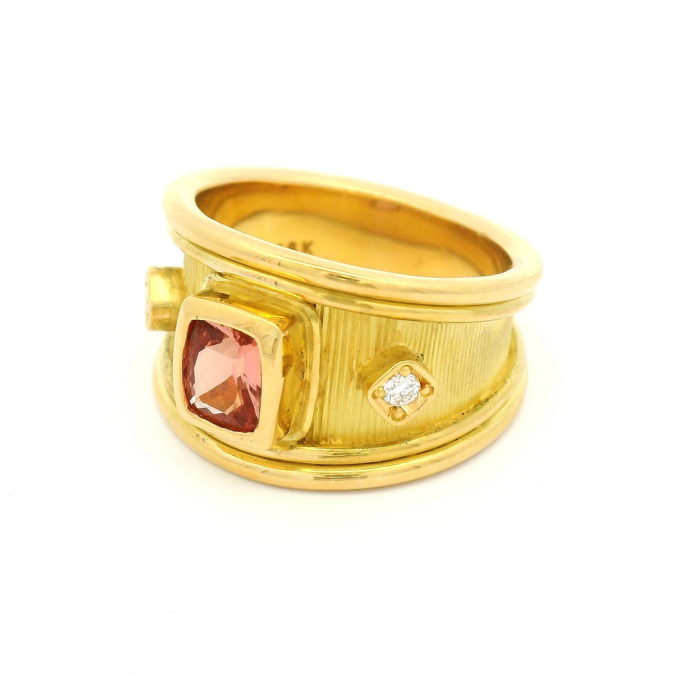 18k Yellow Engraved Ring with Natural 0.92ct Cushion Padparadscha Sapphire and Accent Diamonds - Image 2