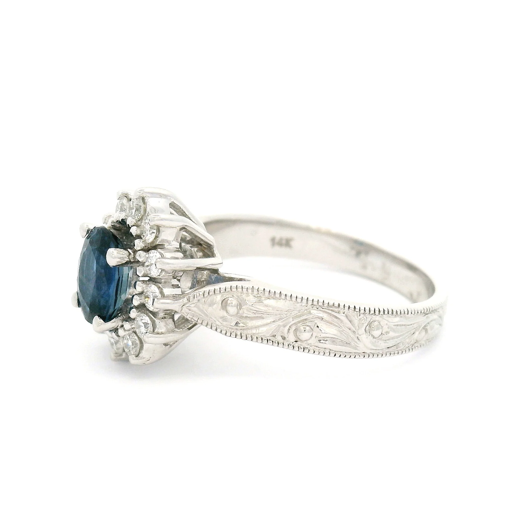 Ava - Hand Engraved Ring with 0.94ct Blue Sapphire and Diamond Accent Halo - Image 2