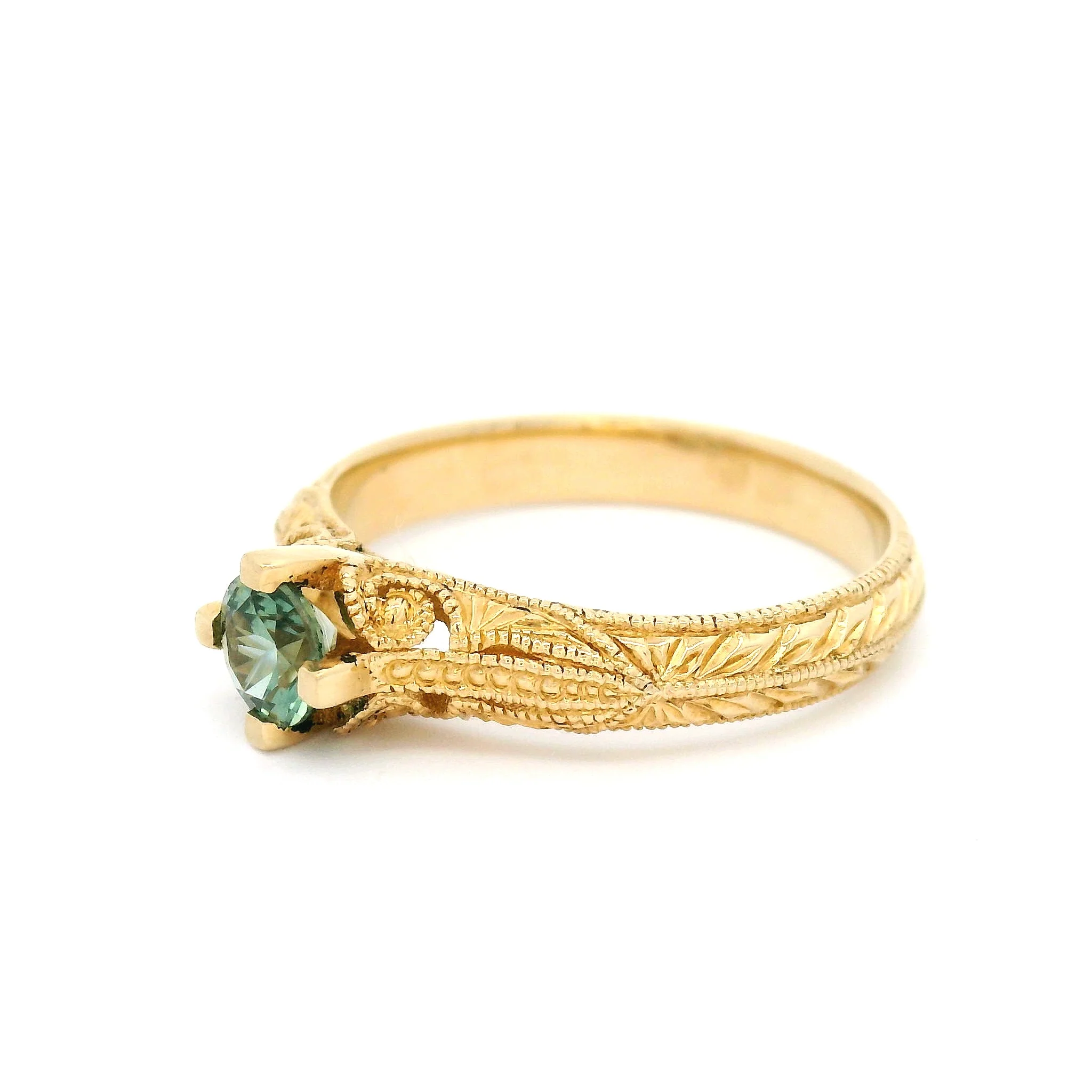 14k Yellow Hand-Engraved Engagement Ring with 0.30ct Teal Sapphire - Image 2