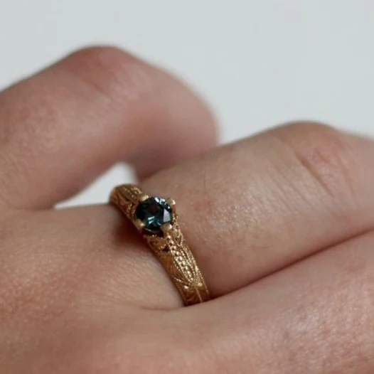 14k Yellow Hand-Engraved Engagement Ring with 0.30ct Teal Sapphire - Image 3