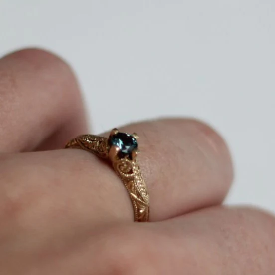 14k Yellow Hand-Engraved Engagement Ring with 0.30ct Teal Sapphire - Image 5