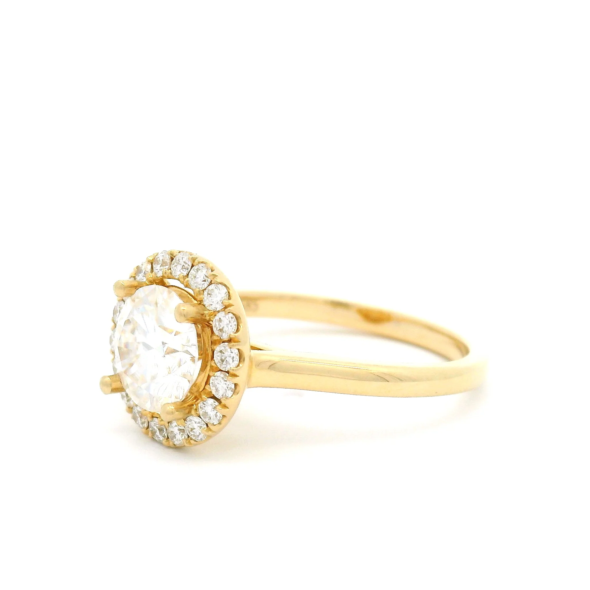 14k Yellow 7mm Round Moissanite Ring with Accent Diamond Halo - Image 2