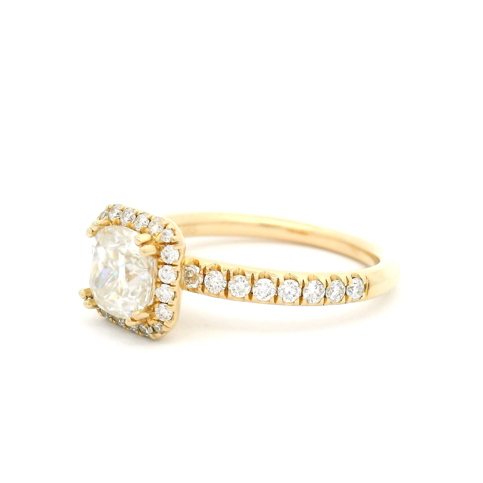 14k Yellow Cushion Cut Moissanite Ring with Accent Diamond Halo and Band - Image 2