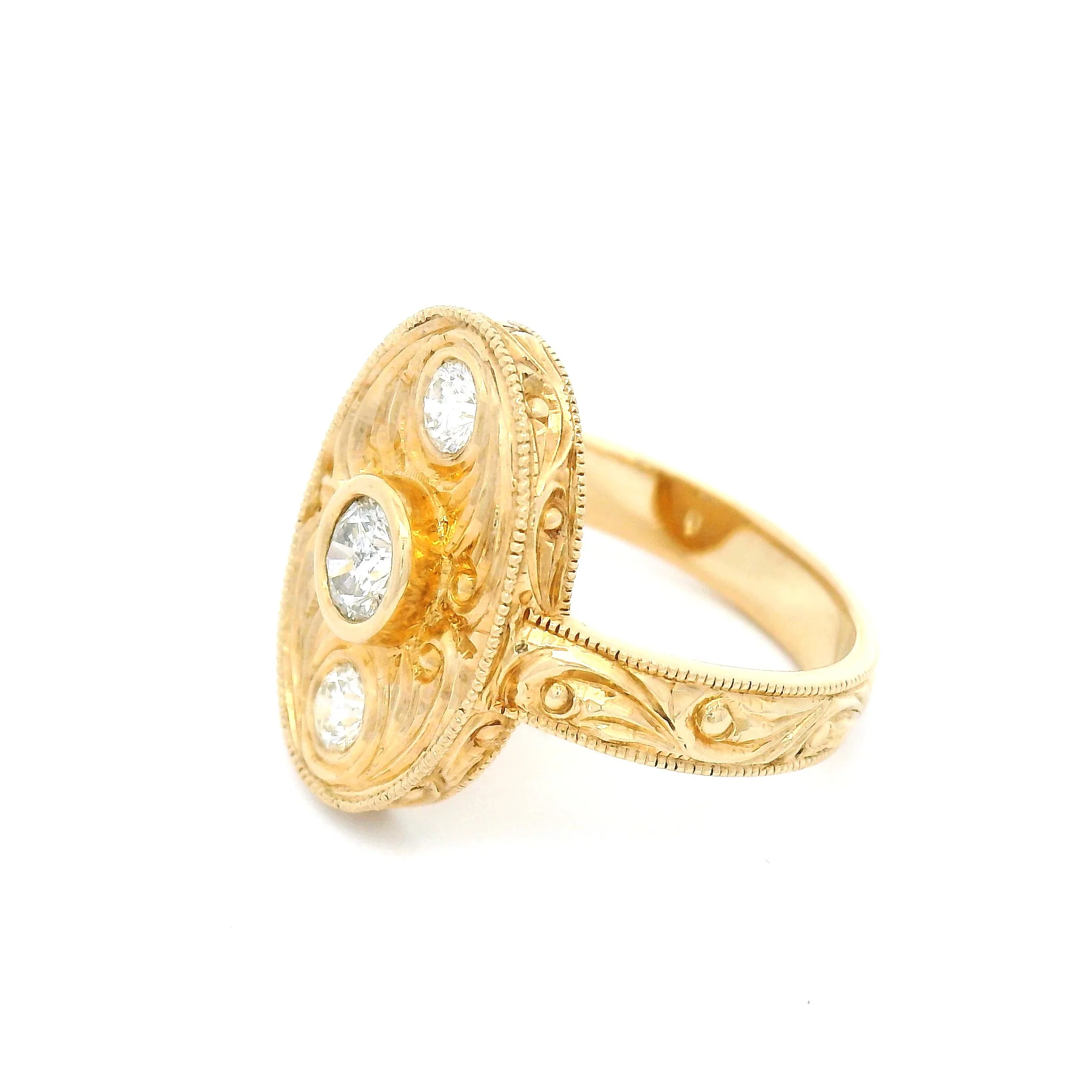 14k Yellow Hand-Engraved Three-Stone Ring with 0.46cts of Diamonds - Image 2