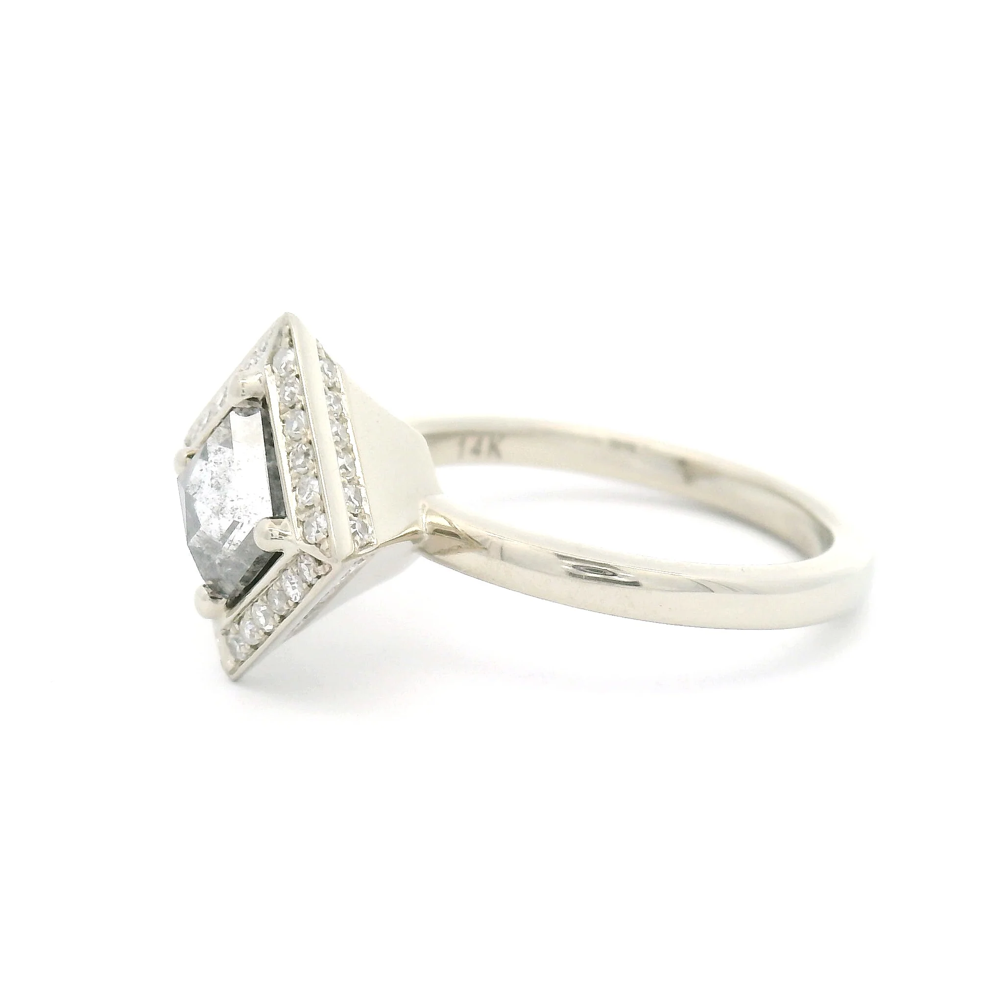 14k White Engagement Ring with 0.63ct Salt & Pepper Rose-Cut Diamond and Accent Diamonds - Image 3