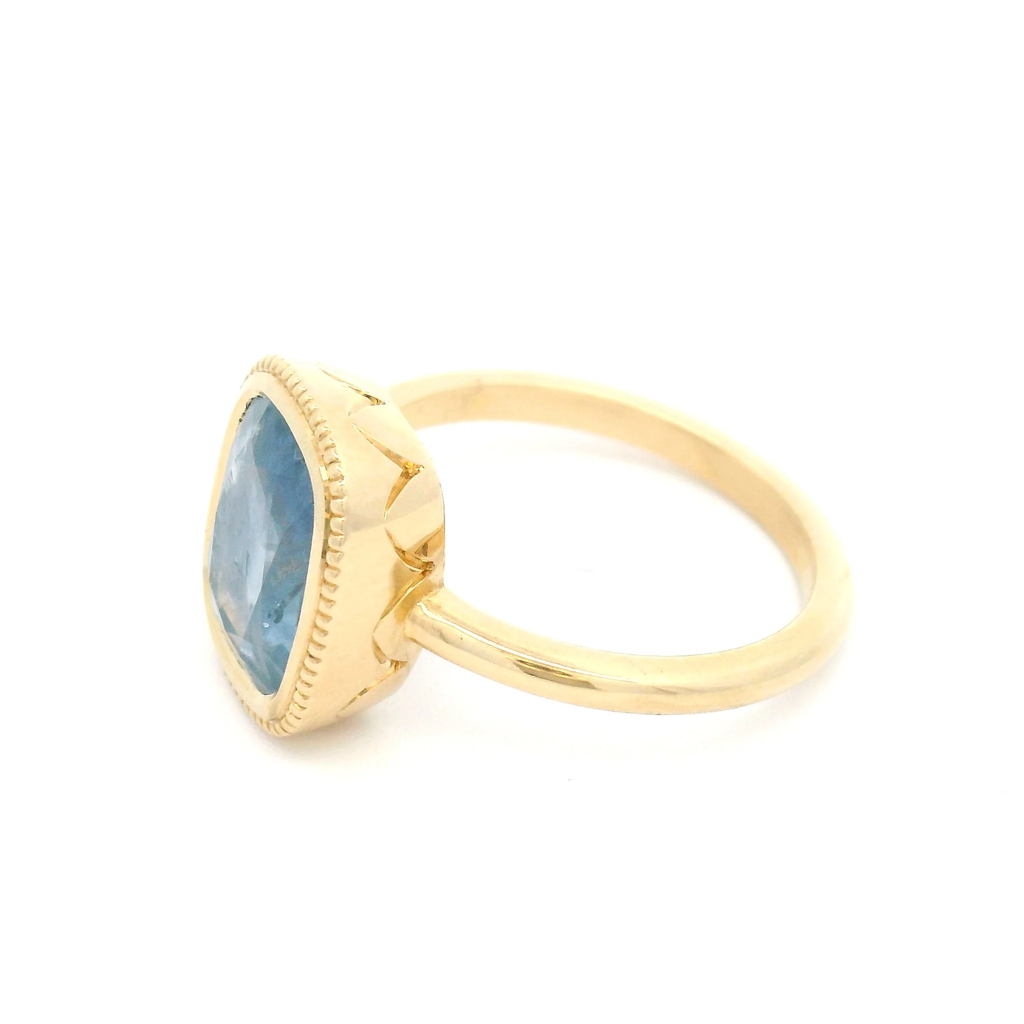 10k Yellow Bezel-Set Solitaire with 3.75ct Cushion-Cut Light Blue Sapphire Accented with Hand-Engraving - Image 4