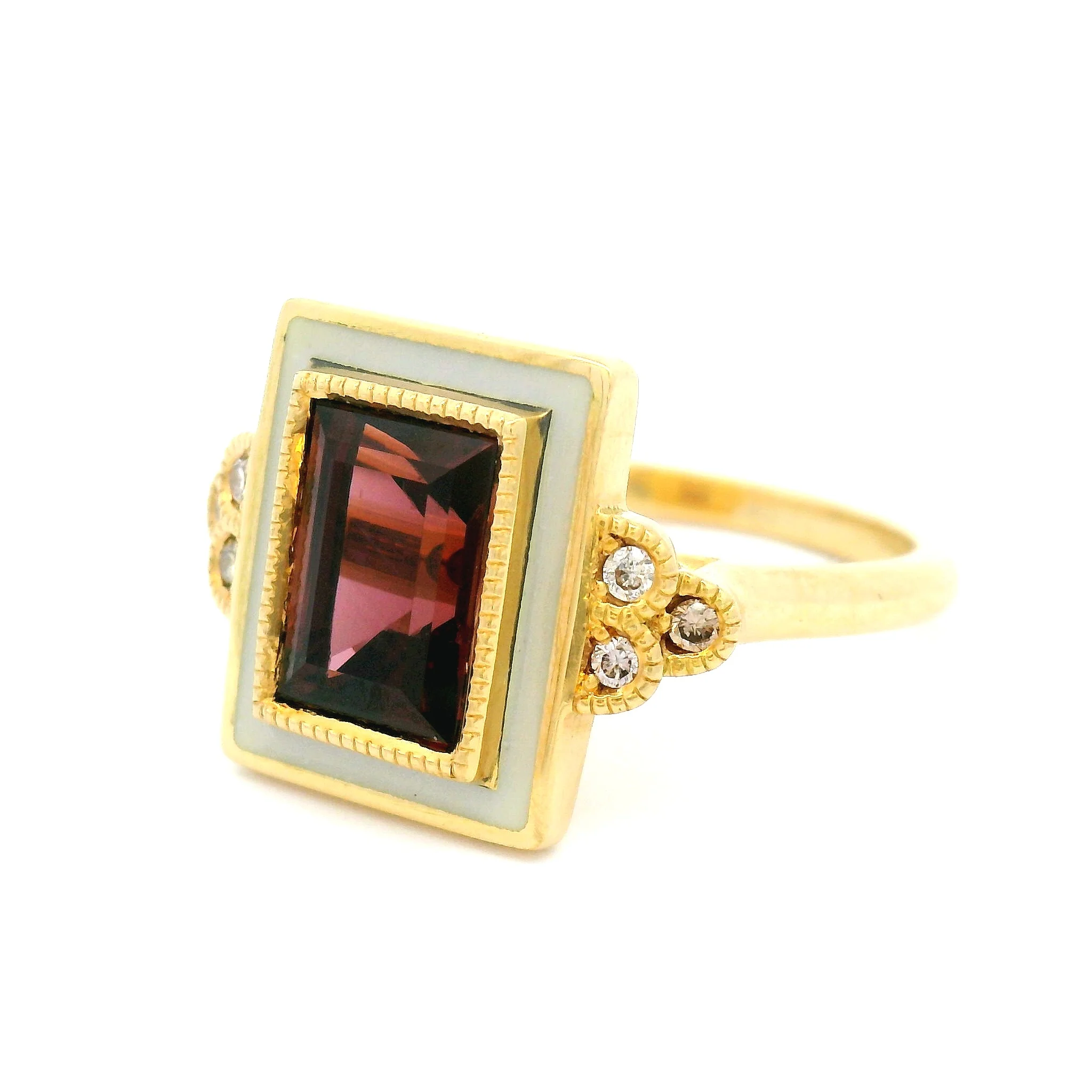 18k Yellow Enameled Engagement Ring with 2.52ct Raspberry Spinel and Accent Diamonds - Image 2