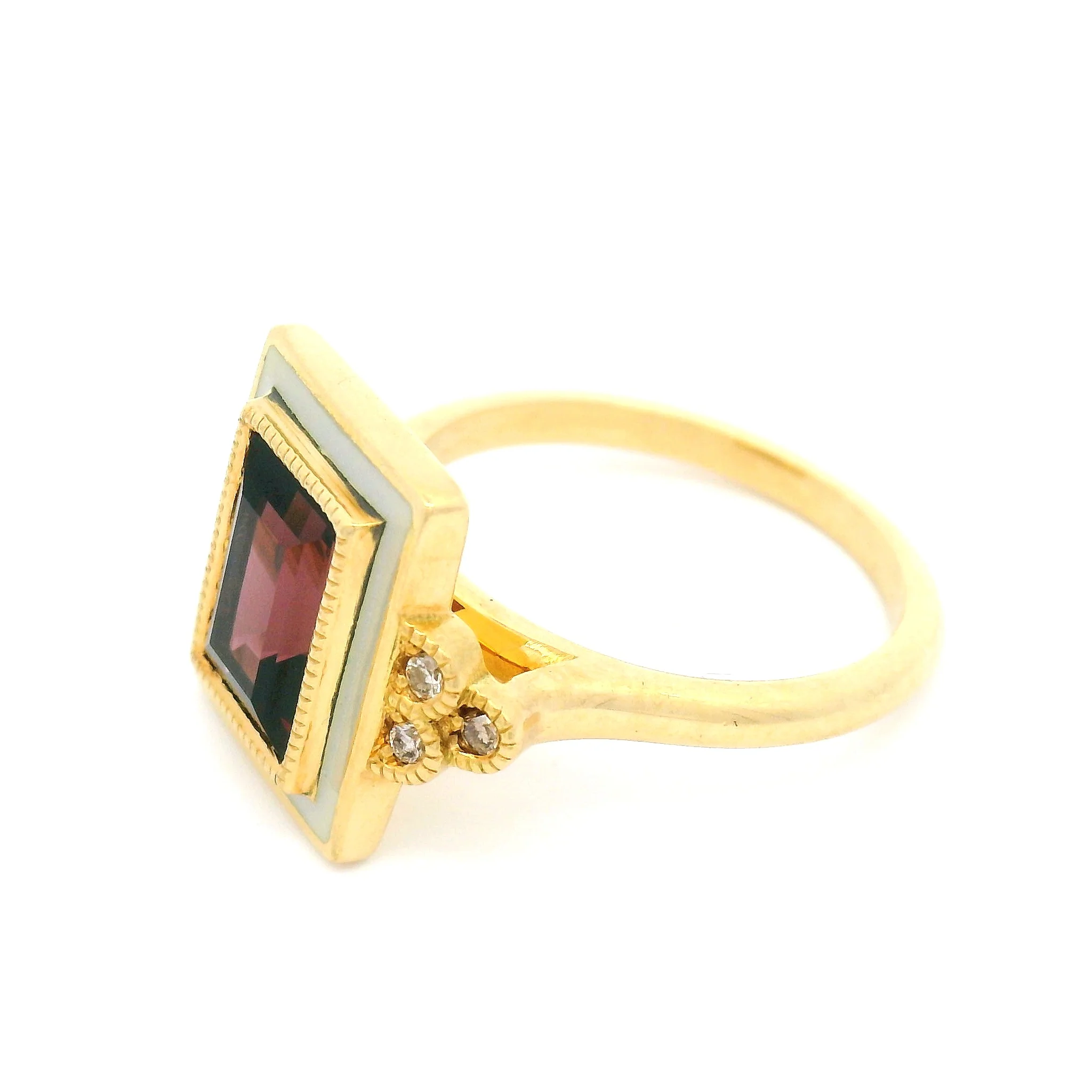 18k Yellow Enameled Engagement Ring with 2.52ct Raspberry Spinel and Accent Diamonds - Image 4