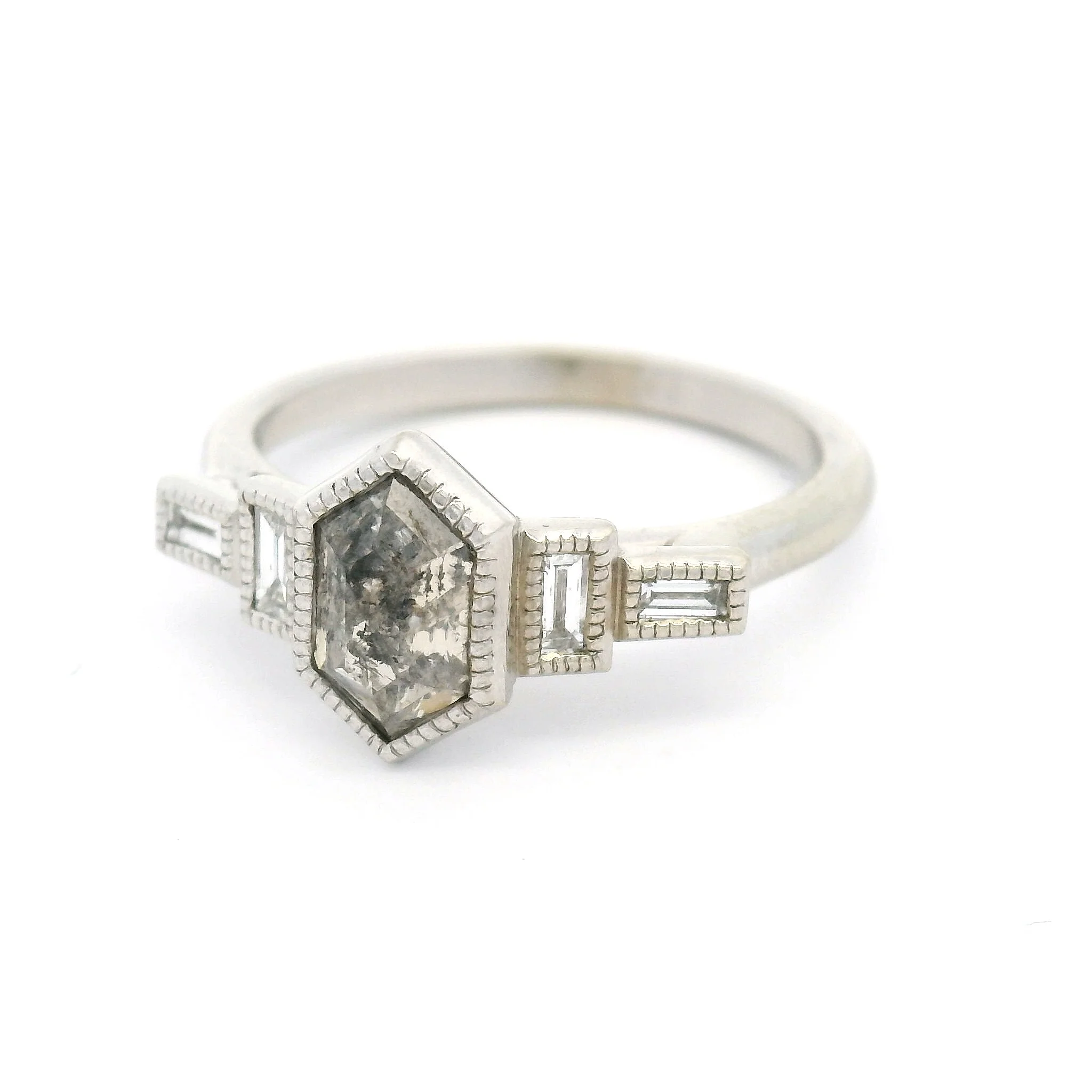 14k White Ring with 0.90ct Rose-Cut Salt & Pepper Diamond and Accent Diamonds - Image 2