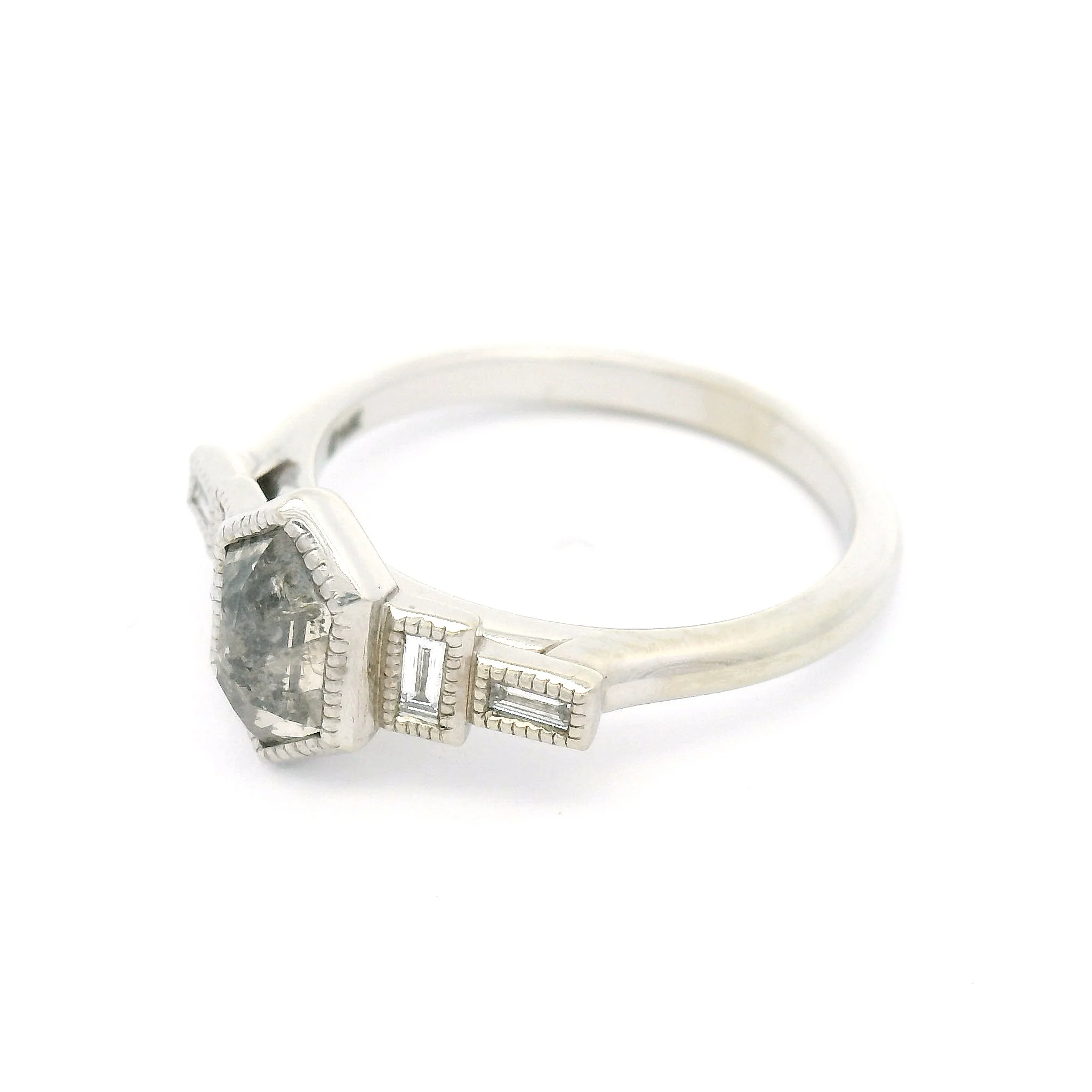 14k White Ring with 0.90ct Rose-Cut Salt & Pepper Diamond and Accent Diamonds - Image 3