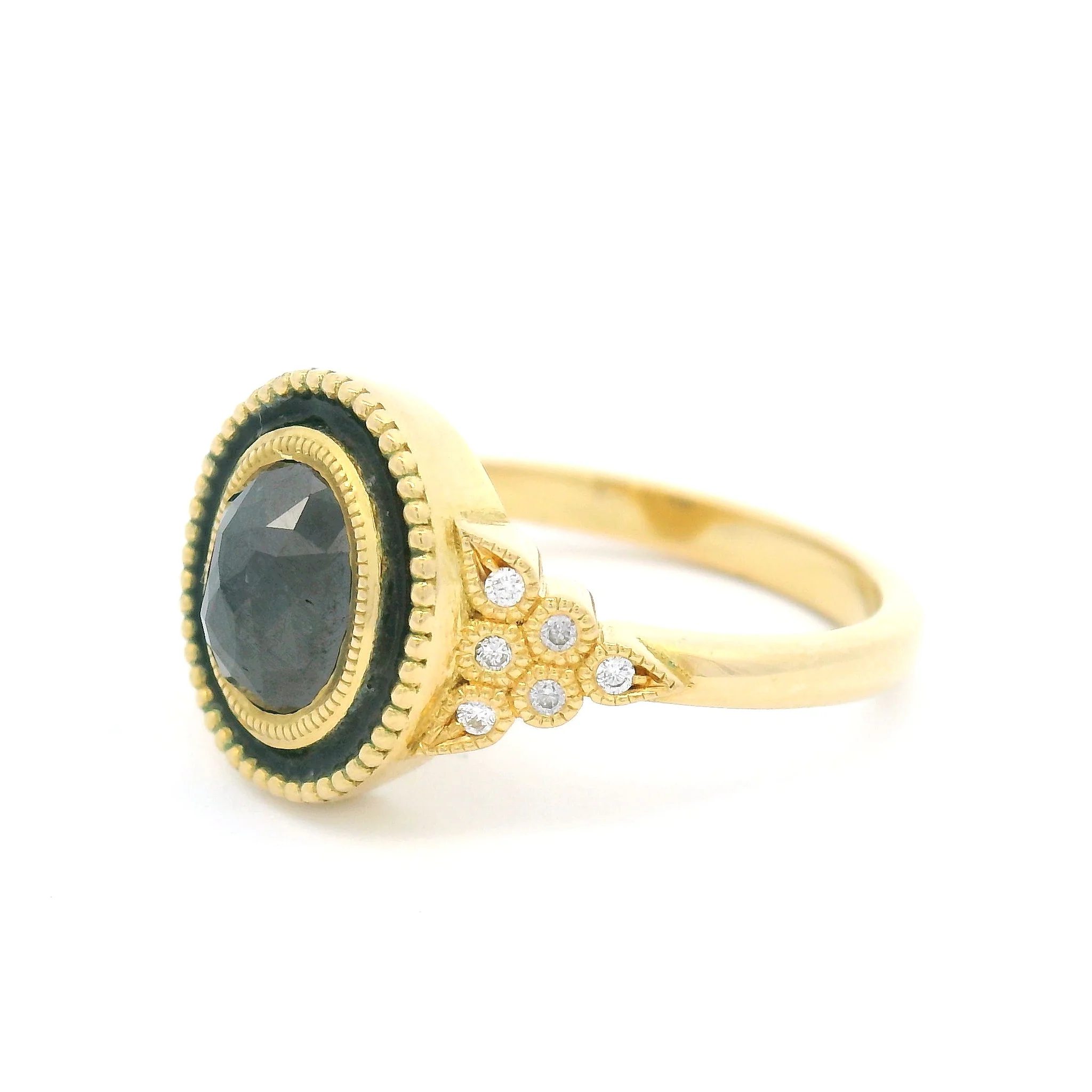 18k Yellow Enameled Ring with 1.42ct Black Rose-Cut Diamond and Accent Diamonds - Image 3