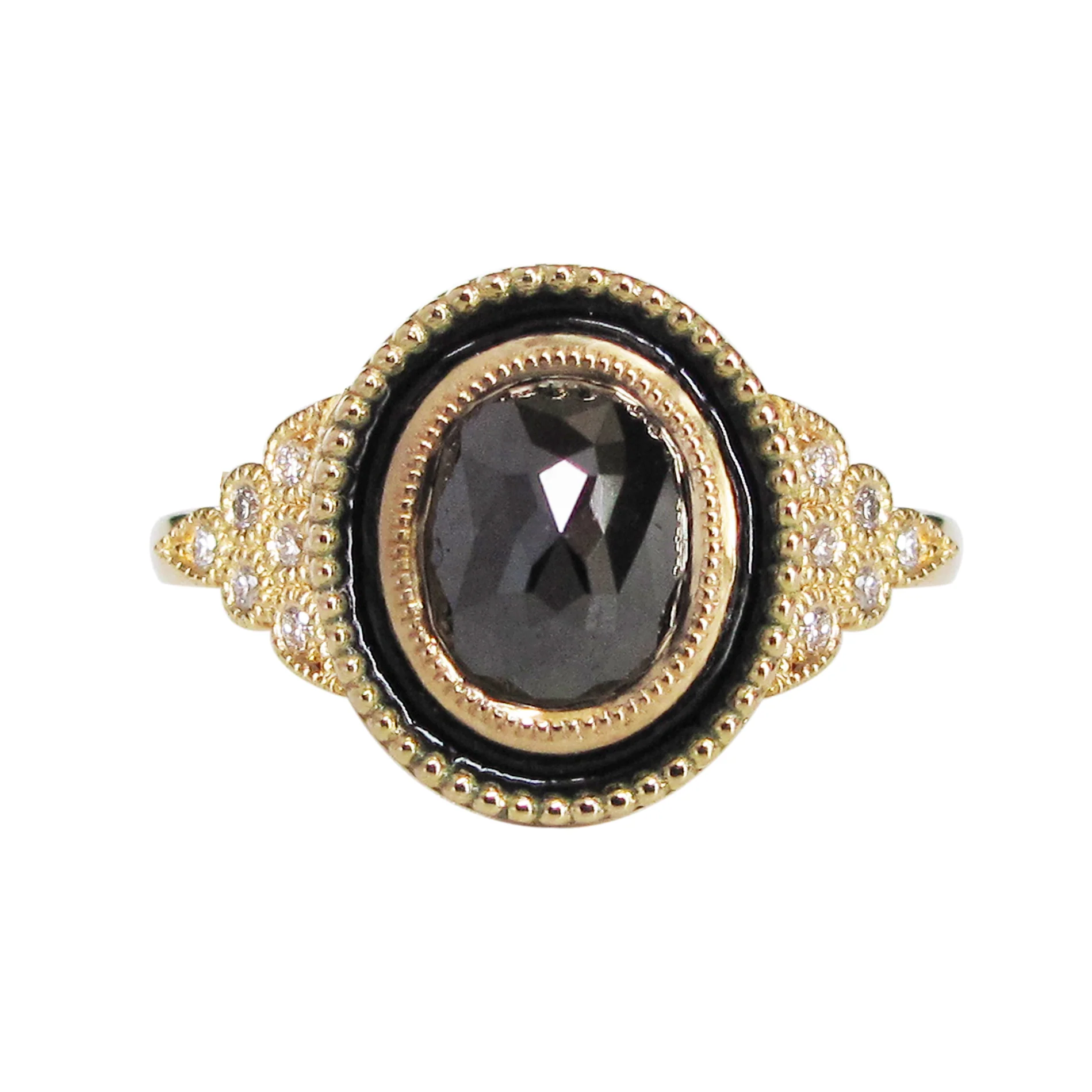 18k Yellow Enameled Ring with 1.42ct Black Rose-Cut Diamond and Accent Diamonds - Image 4