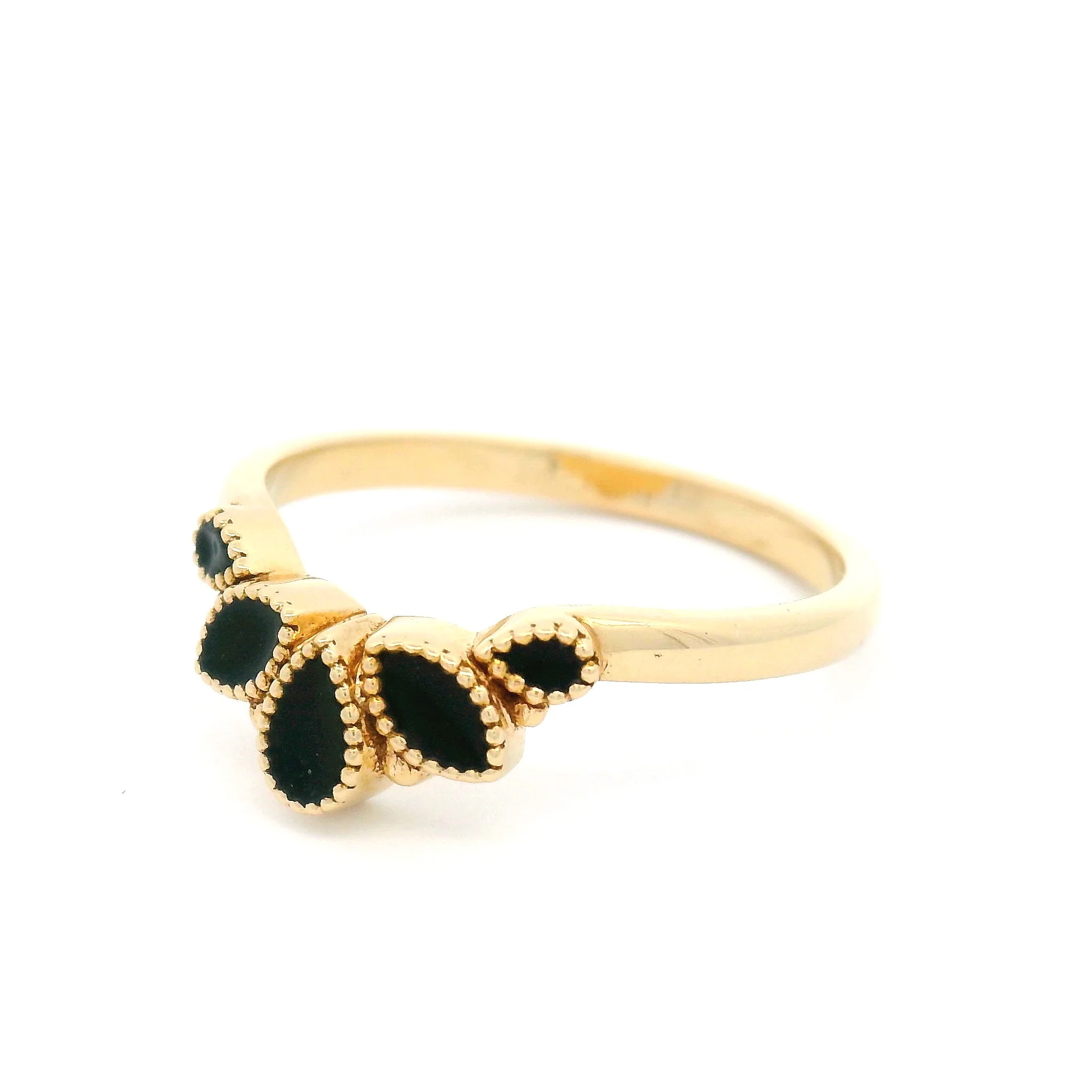 14k Yellow Vintage-Style Contour Band with Black Enamel Leaves - Image 2