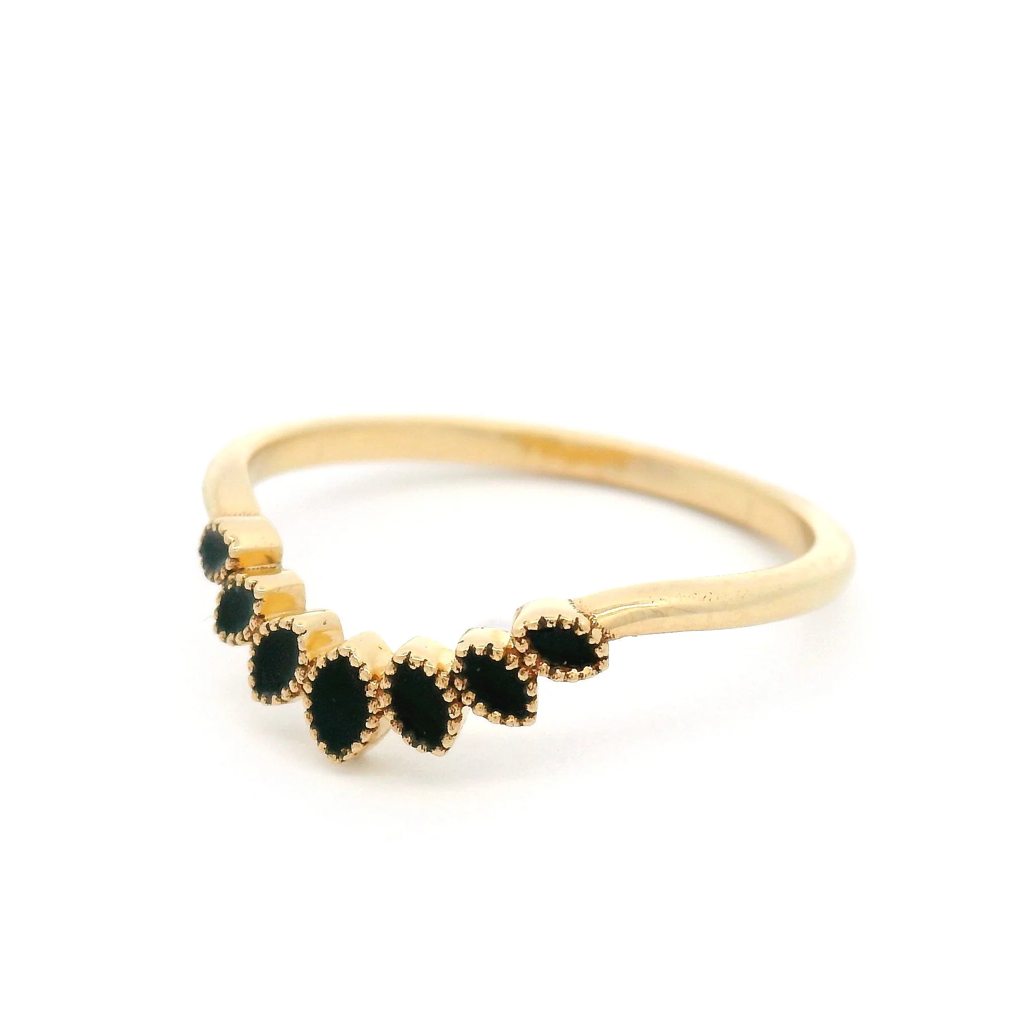 14k Yellow Vintage-Style Contour Band with 7 Tapering Black Enamel Leaves - Image 2