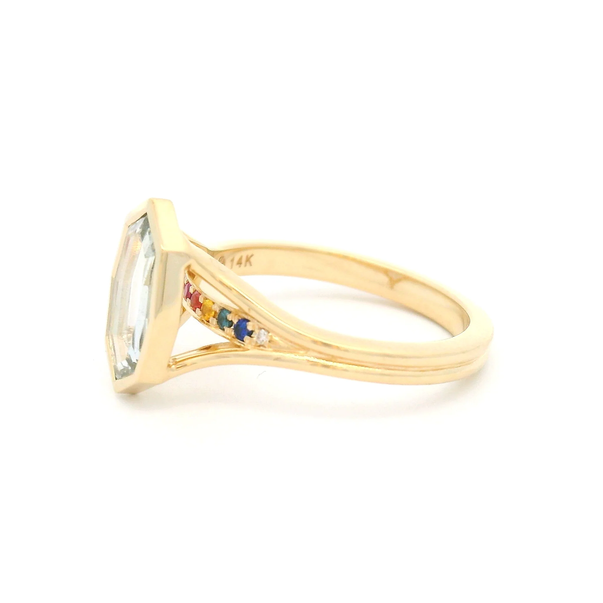 14k Yellow Engagement Ring with 1.07ct Portrait-Cut Sapphire, Accent Diamonds and Sapphires - Image 3