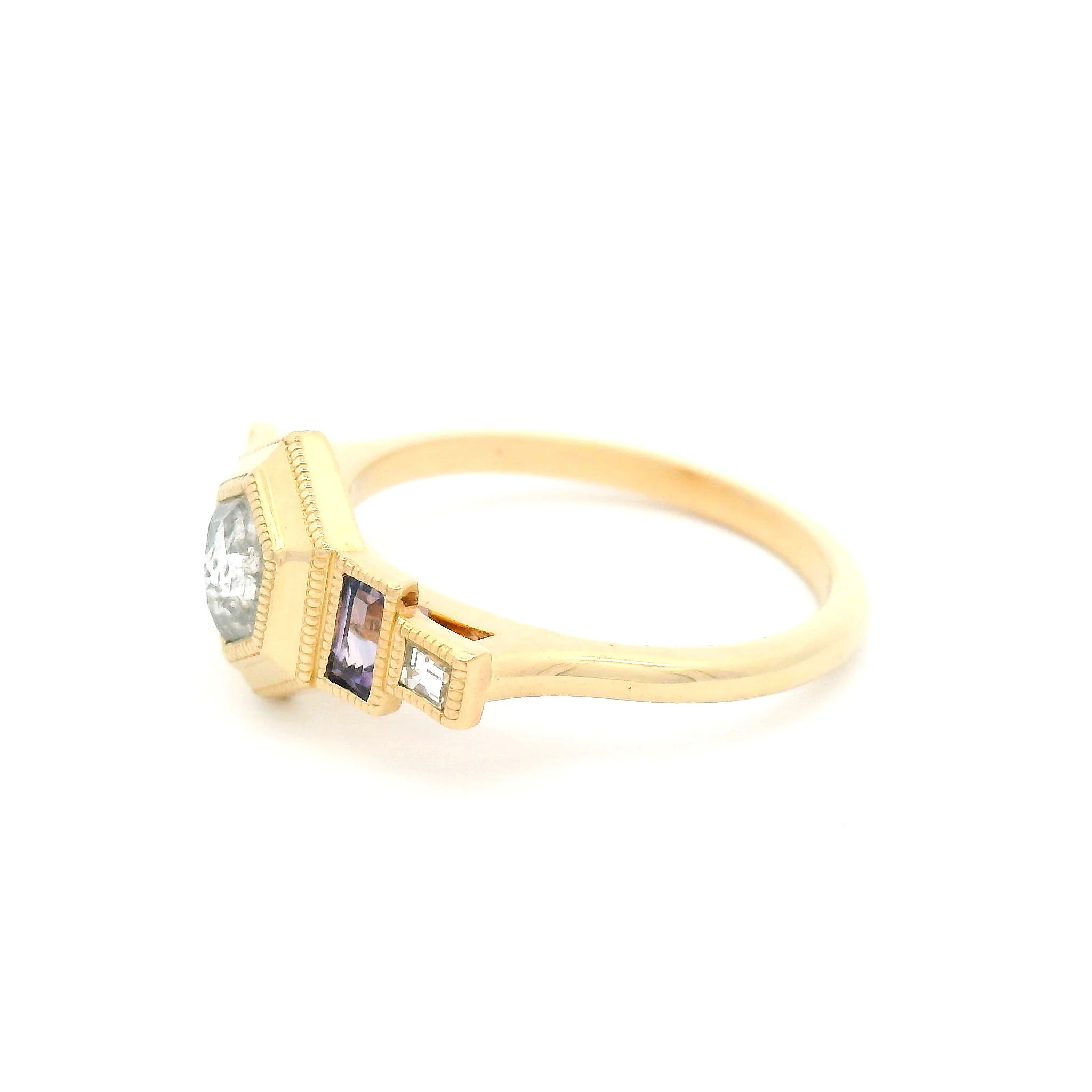 14k Yellow Art Deco Inspired with 0.45ct Rose-Cut Diamond, Accent Purple Sapphires and Diamonds - Image 3