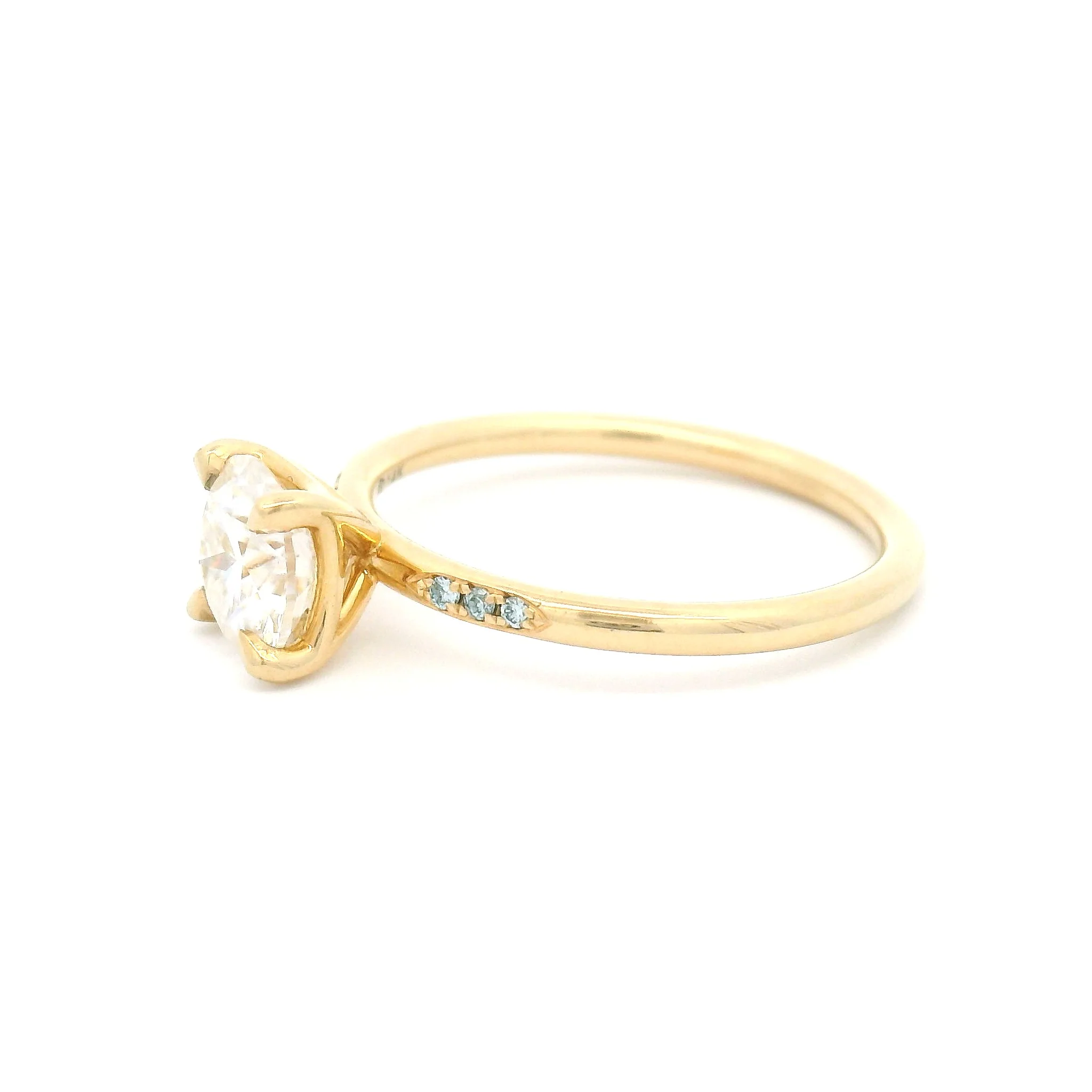 14k Yellow Engagement Ring with 1.0ct Moissanite and Accent Blue Diamonds - Image 3