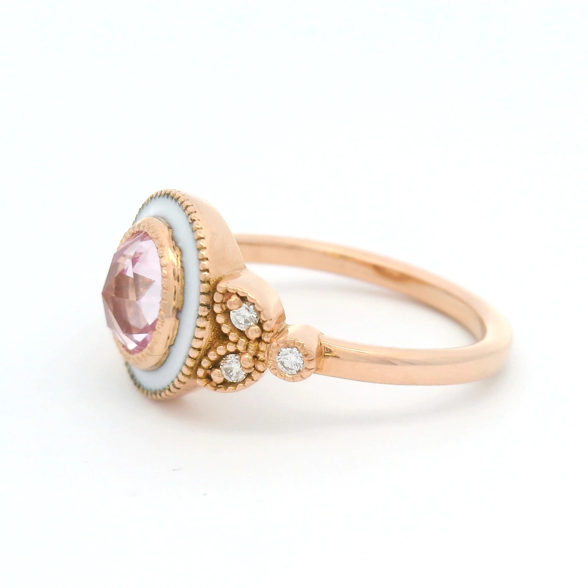 14k Rose Gold Enameled Engagement Ring with 1.36ct Lab-Grown Rose-Cut Pink Sapphire and Accent Diamonds - Image 3