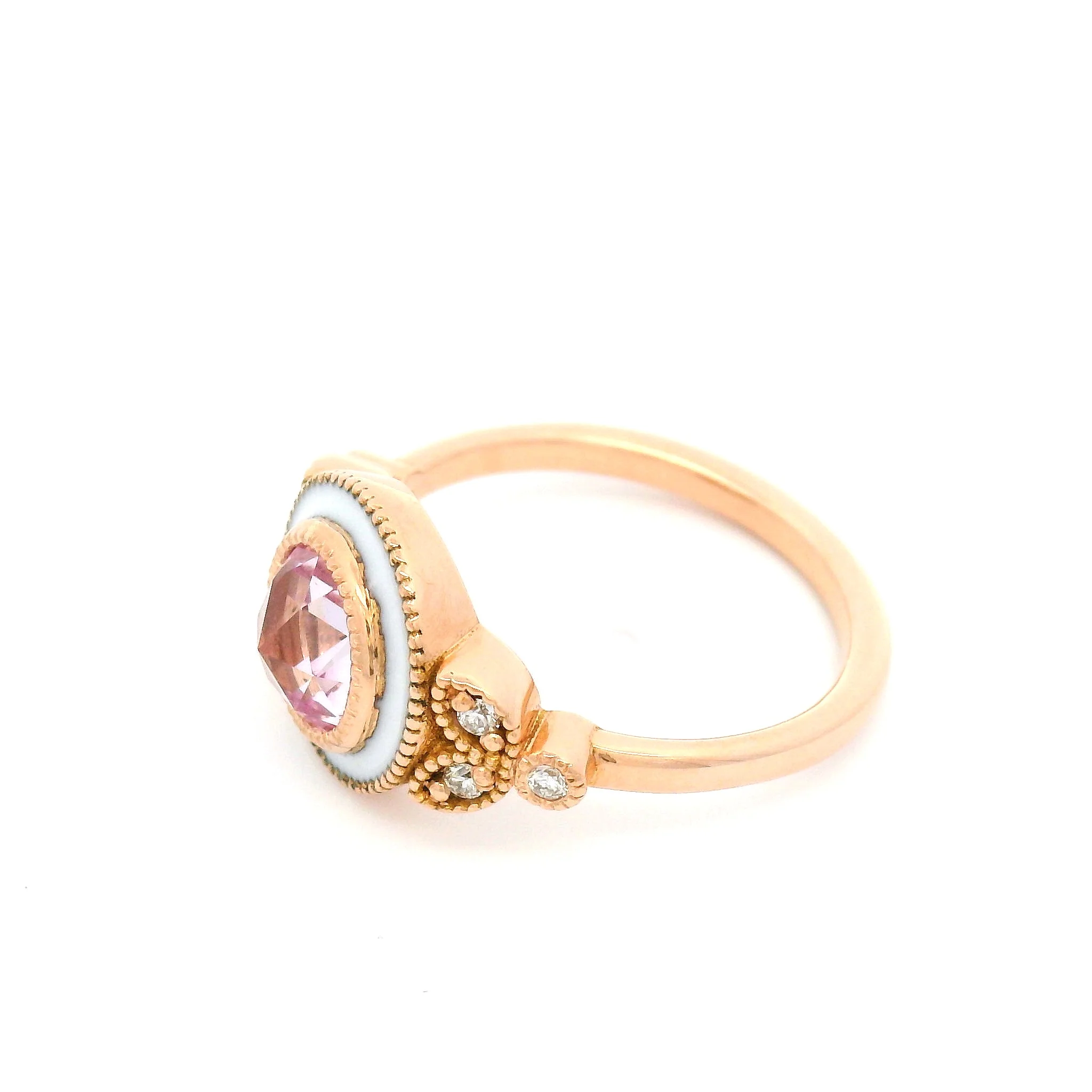 14k Rose Gold Enameled Engagement Ring with 1.36ct Lab-Grown Rose-Cut Pink Sapphire and Accent Diamonds - Image 4