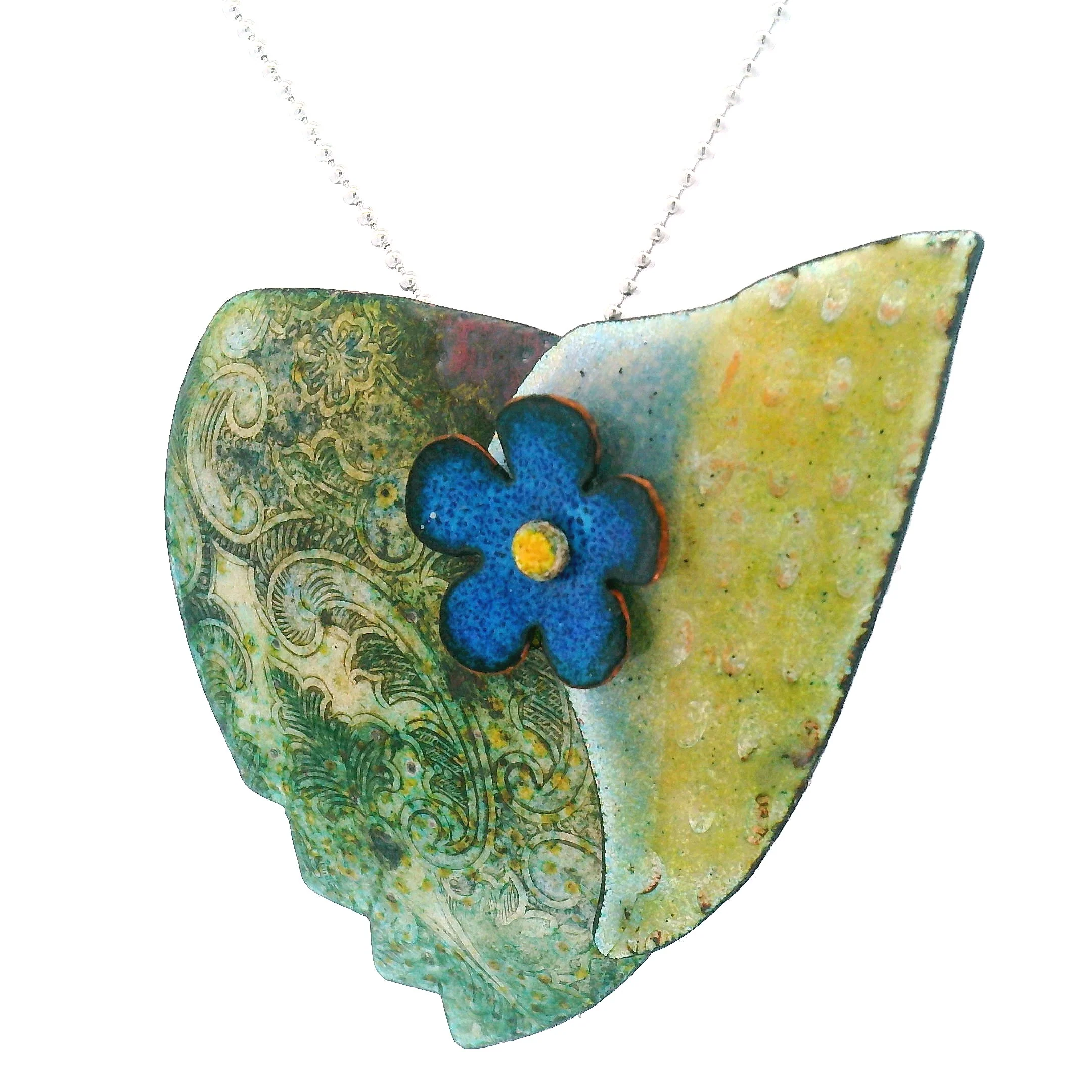 Enamel Green Leaf Blue Daisy Pendant - Image 3