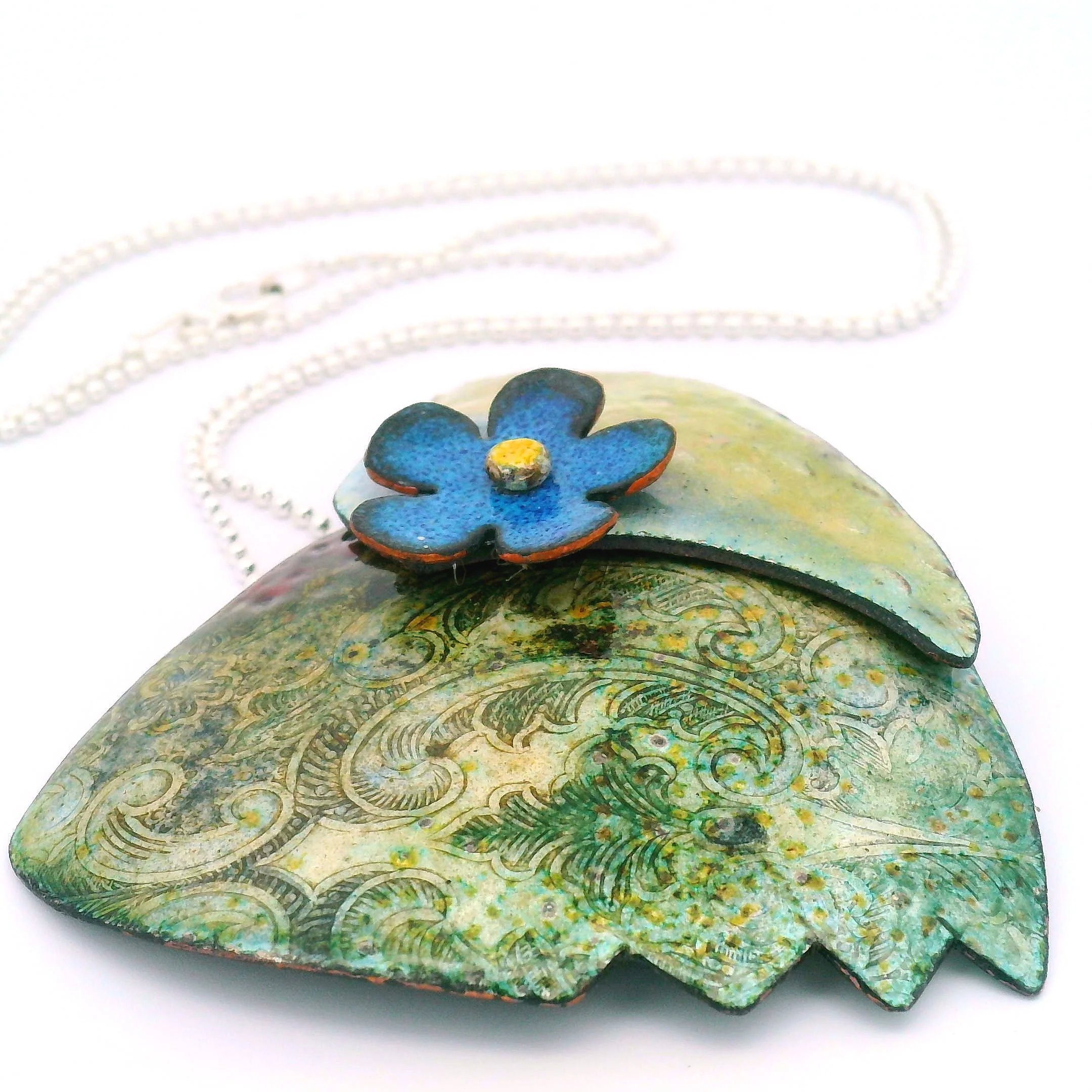 Enamel Green Leaf Blue Daisy Pendant - Image 6