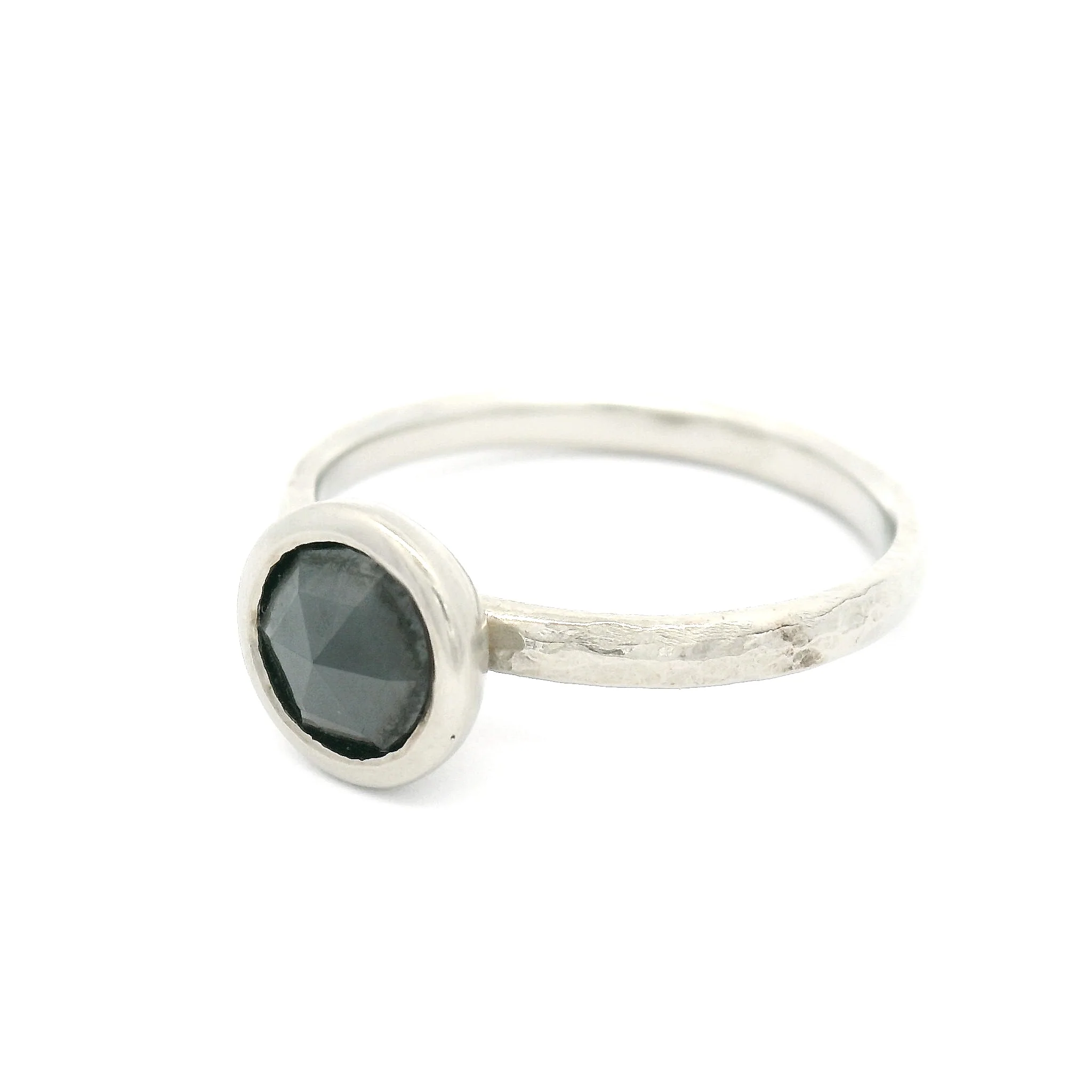 14k White Hammered Finish Solitaire with 1.0ct Rose Cut Black Diamond - Image 2