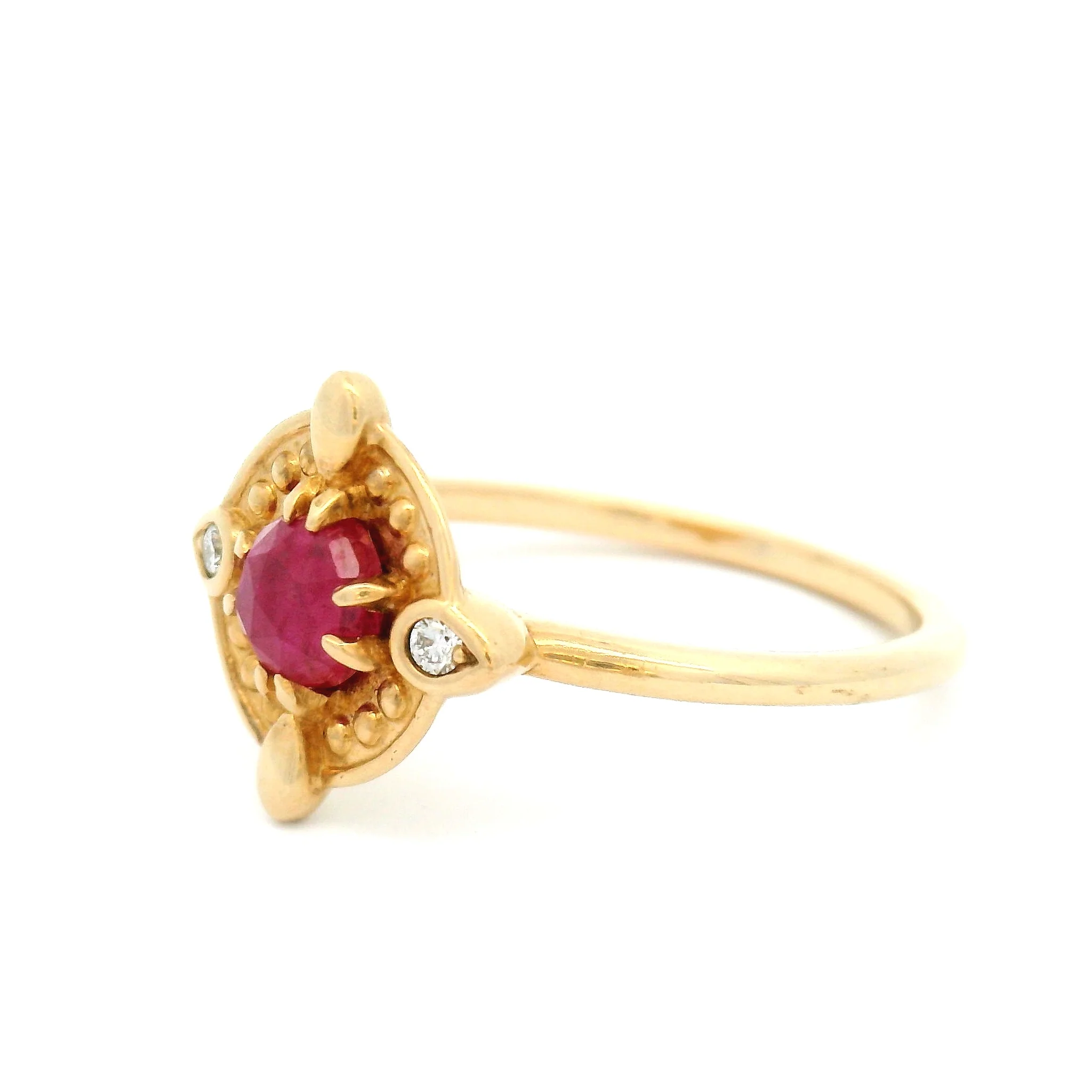 14k Yellow Ring with 5mm Rose-Cut Ruby and Accent Diamonds - Image 2