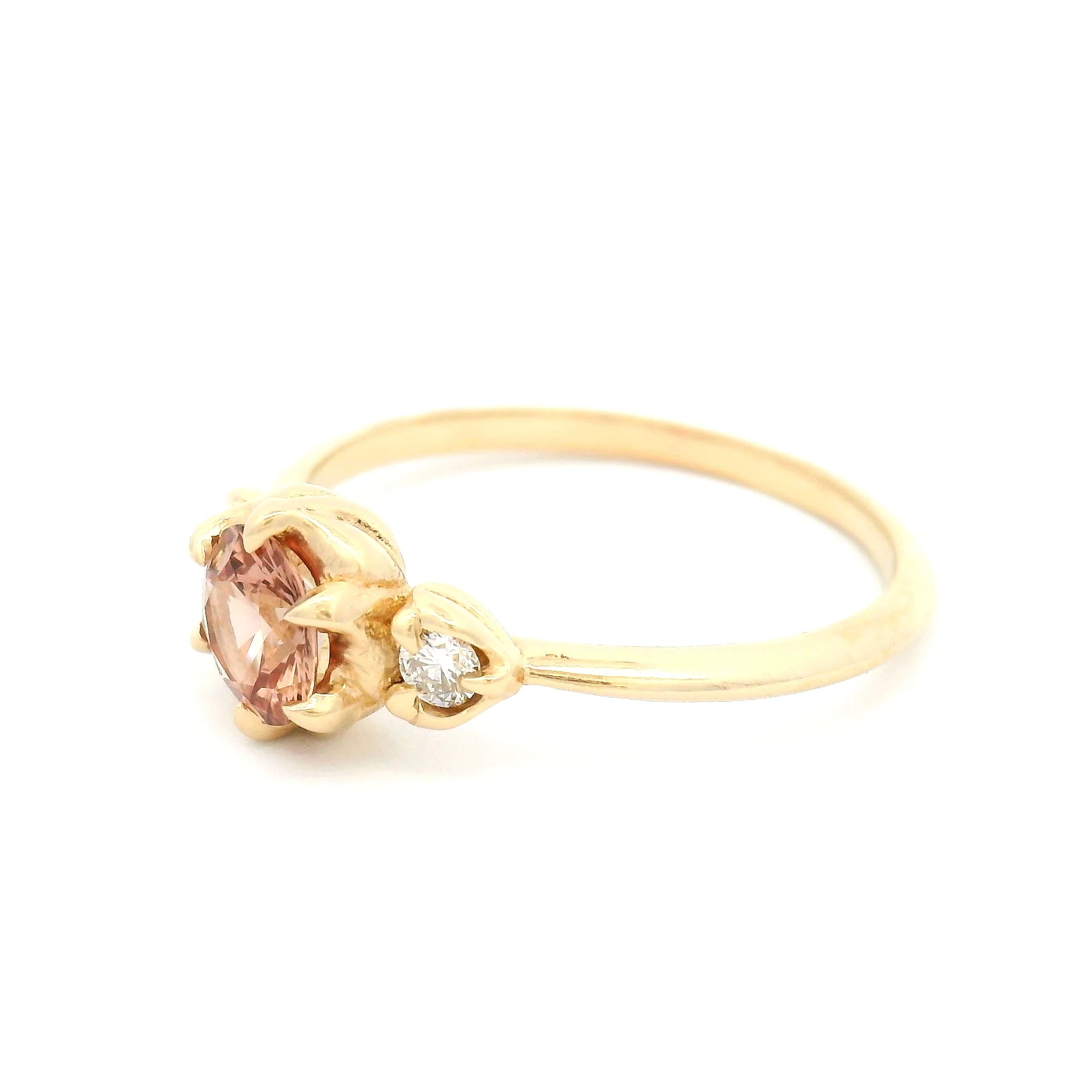 Cici - 14k Yellow Three Stone Engagement Ring with 1.0ct Peach Sapphire and Accent Diamonds - Image 2