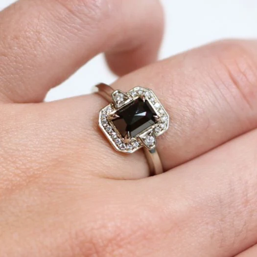 14k White Ring with 1.09ct Rose Cut Black Diamond and Accent Deco Diamond Halo - Image 6