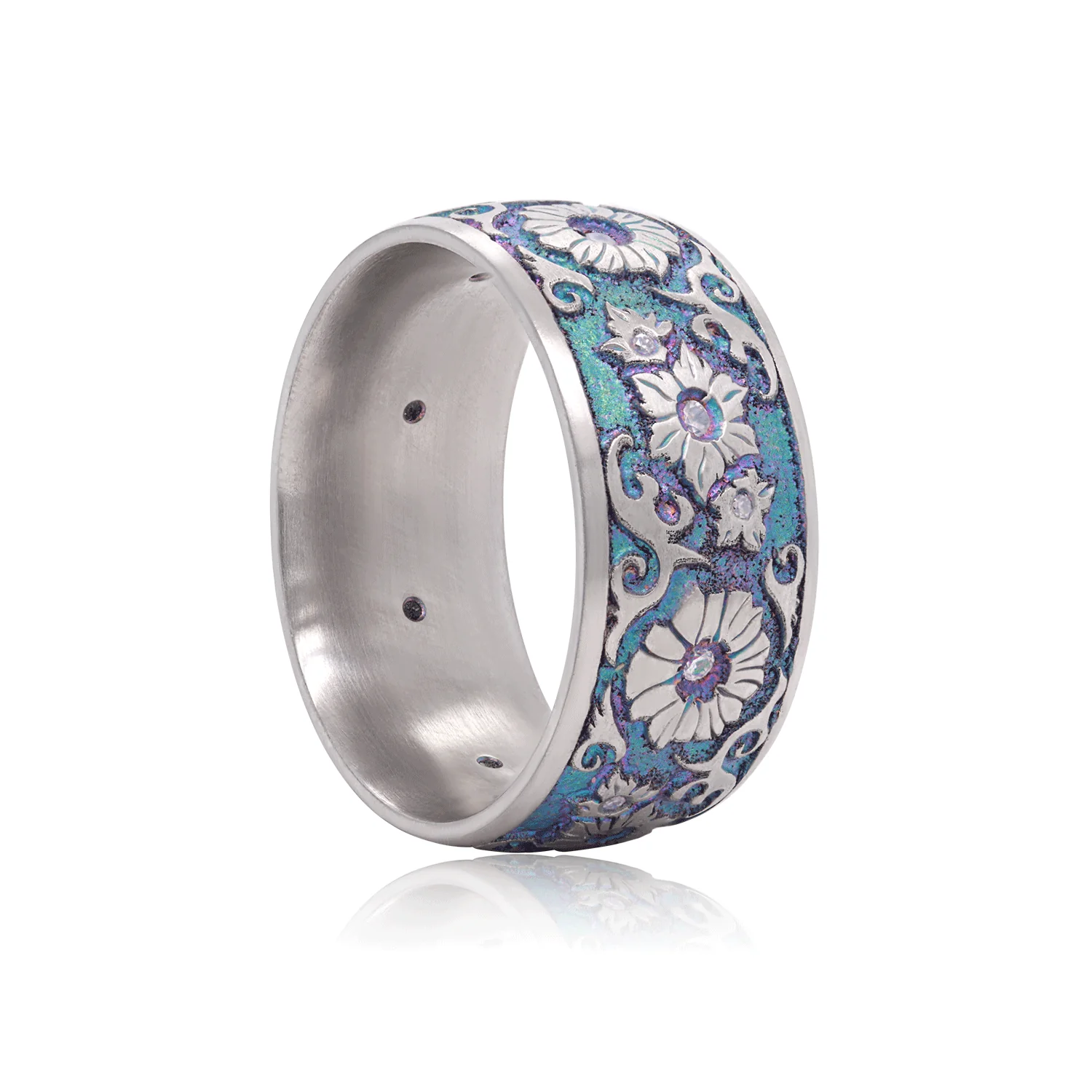 Titanium Floral Etched Band with Accent Moissanites - Image 2