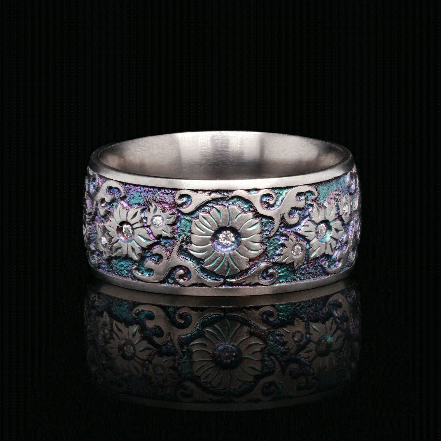 Titanium Floral Etched Band with Accent Moissanites - Image 3