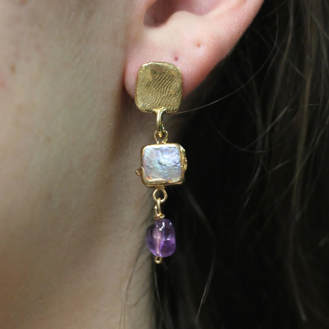 Freshwater Black Pearl & Amethyst Drop Earrings - Image 3