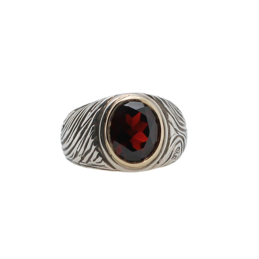 Garnet Textured Gold & Silver Signet Ring - Image 2