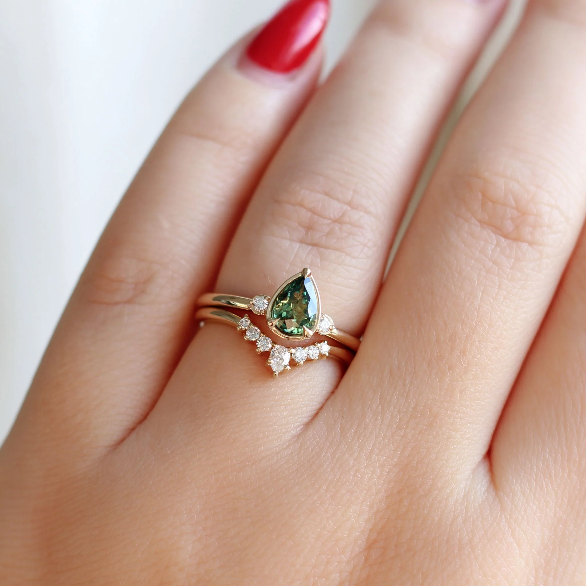 Green Pear Sapphire Engagement Ring - Image 2