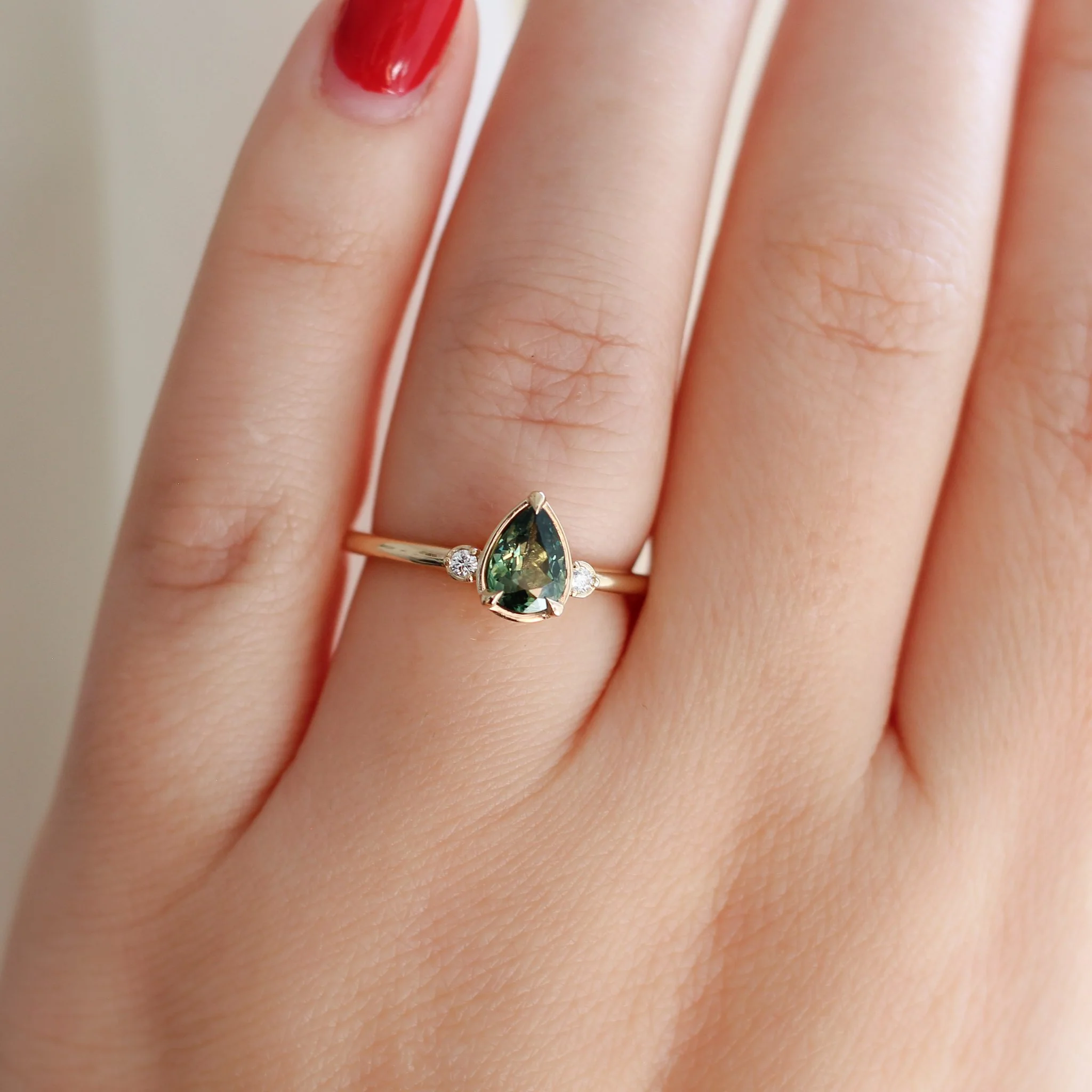 Green Pear Sapphire Engagement Ring - Image 3