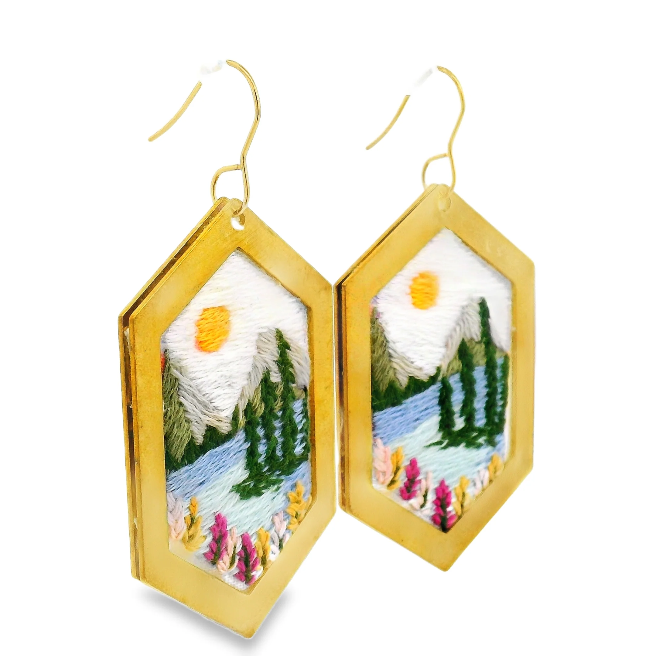Hand Embroidered Hexagon Landscape Earrings - Image 3