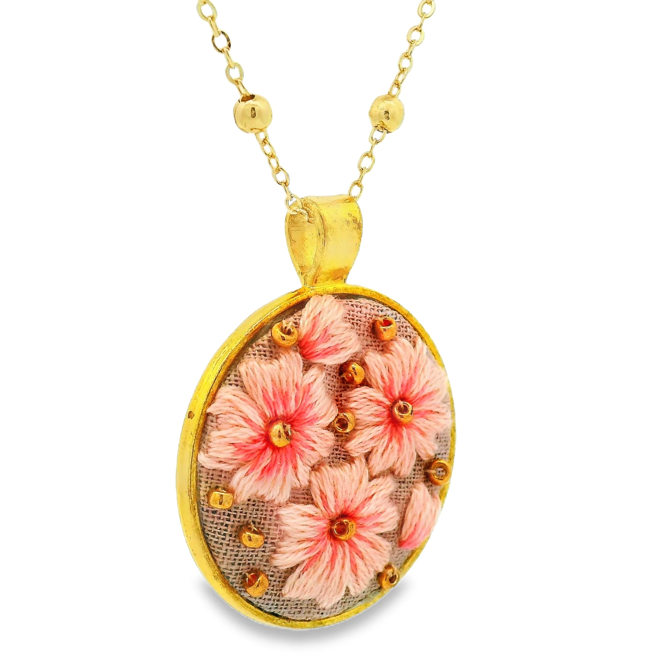 Hand Embroidered Pink Floral Pendant - Image 3