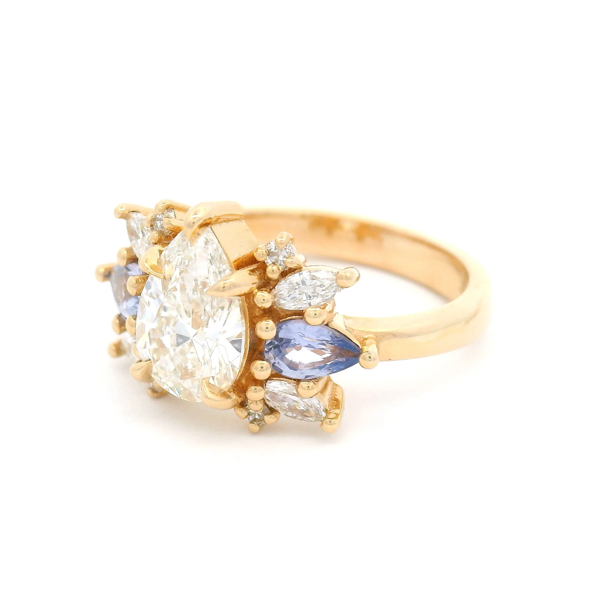 14k Yellow Multi-Stone Engagement Ring with 1.21ct Lab-Grown Pear-Cut Diamond, Accented with Natural Sapphires and Lab Diamonds - Image 2