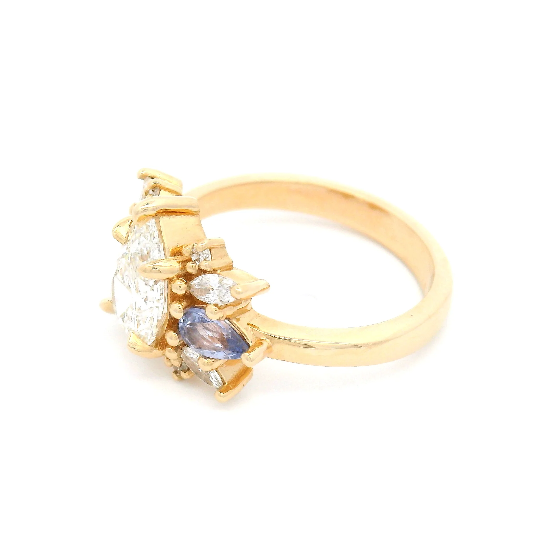 14k Yellow Multi-Stone Engagement Ring with 1.21ct Lab-Grown Pear-Cut Diamond, Accented with Natural Sapphires and Lab Diamonds - Image 3