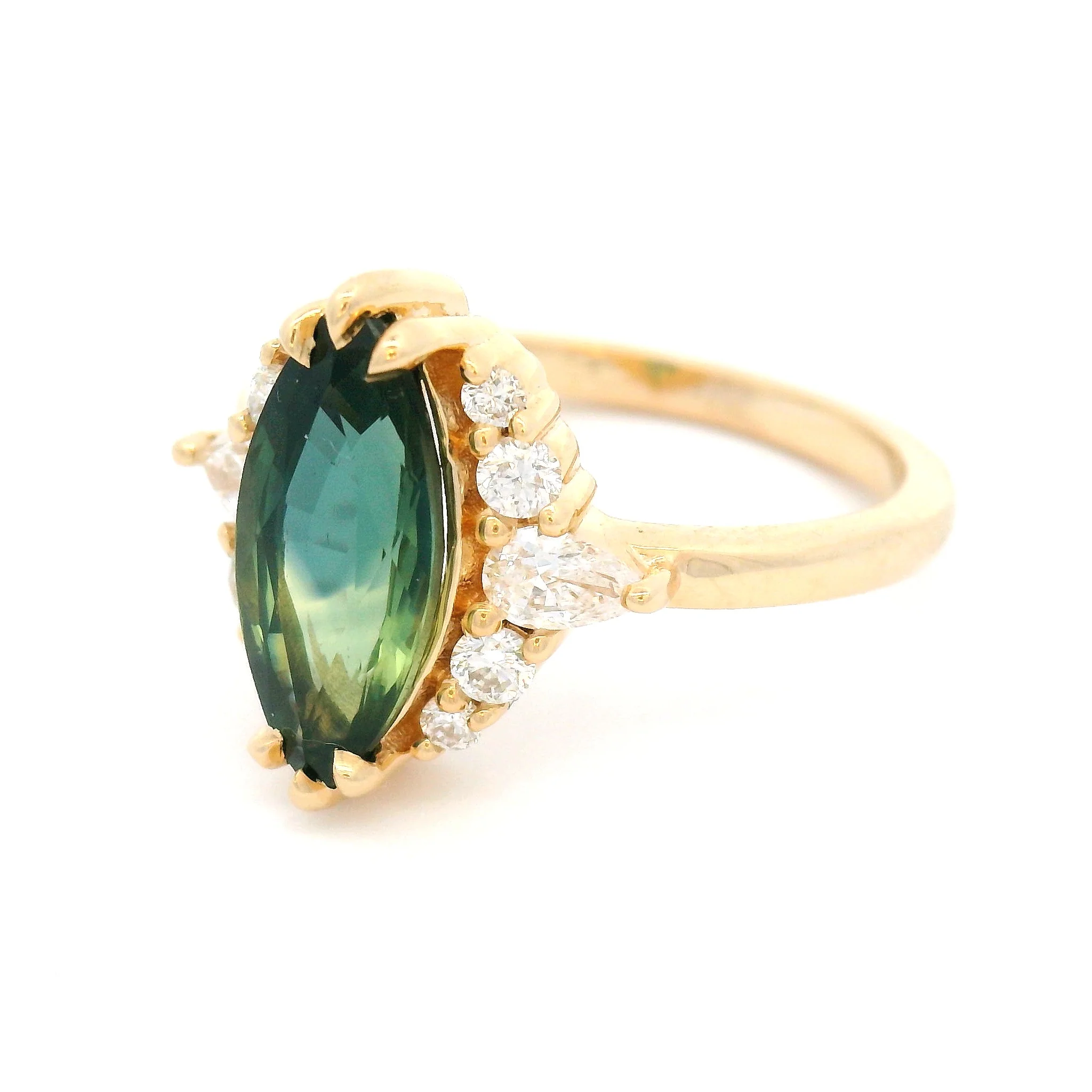 14k Yellow Ring with 2.3ct Green Parti Sapphire Ring with Accent Lab-Grown Diamonds - Image 2