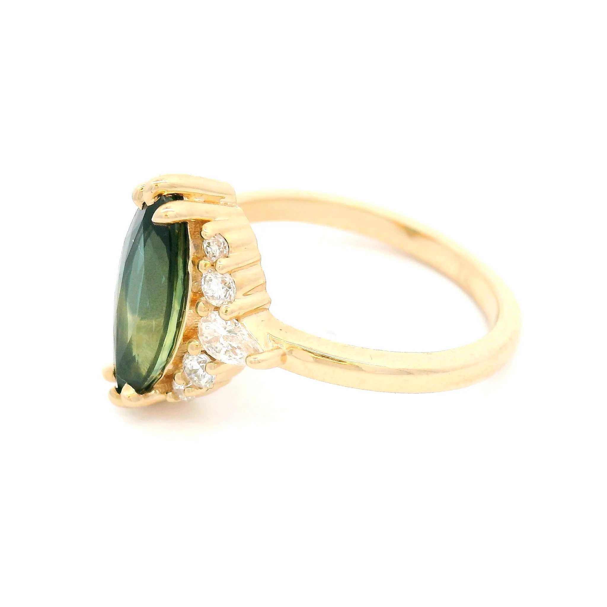 14k Yellow Ring with 2.3ct Green Parti Sapphire Ring with Accent Lab-Grown Diamonds - Image 3
