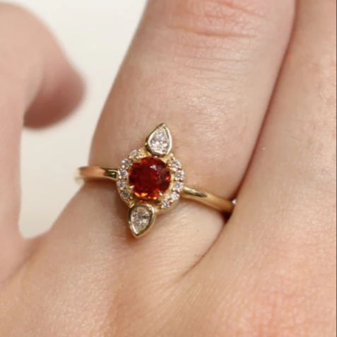 14k Yellow Engagement Ring with 0.65ct Orange Sapphire Halo and Accent Diamonds - Image 4