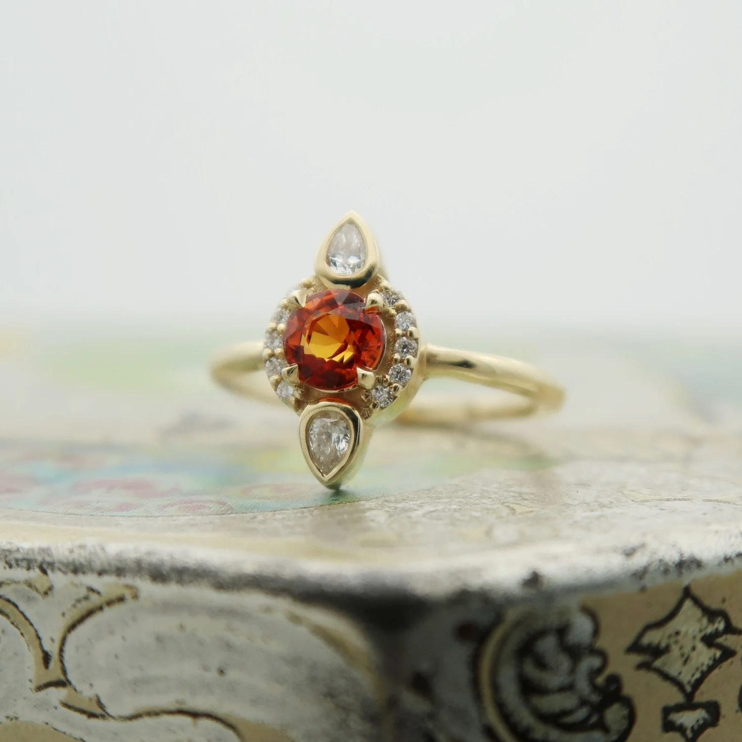 14k Yellow Engagement Ring with 0.65ct Orange Sapphire Halo and Accent Diamonds - Image 7